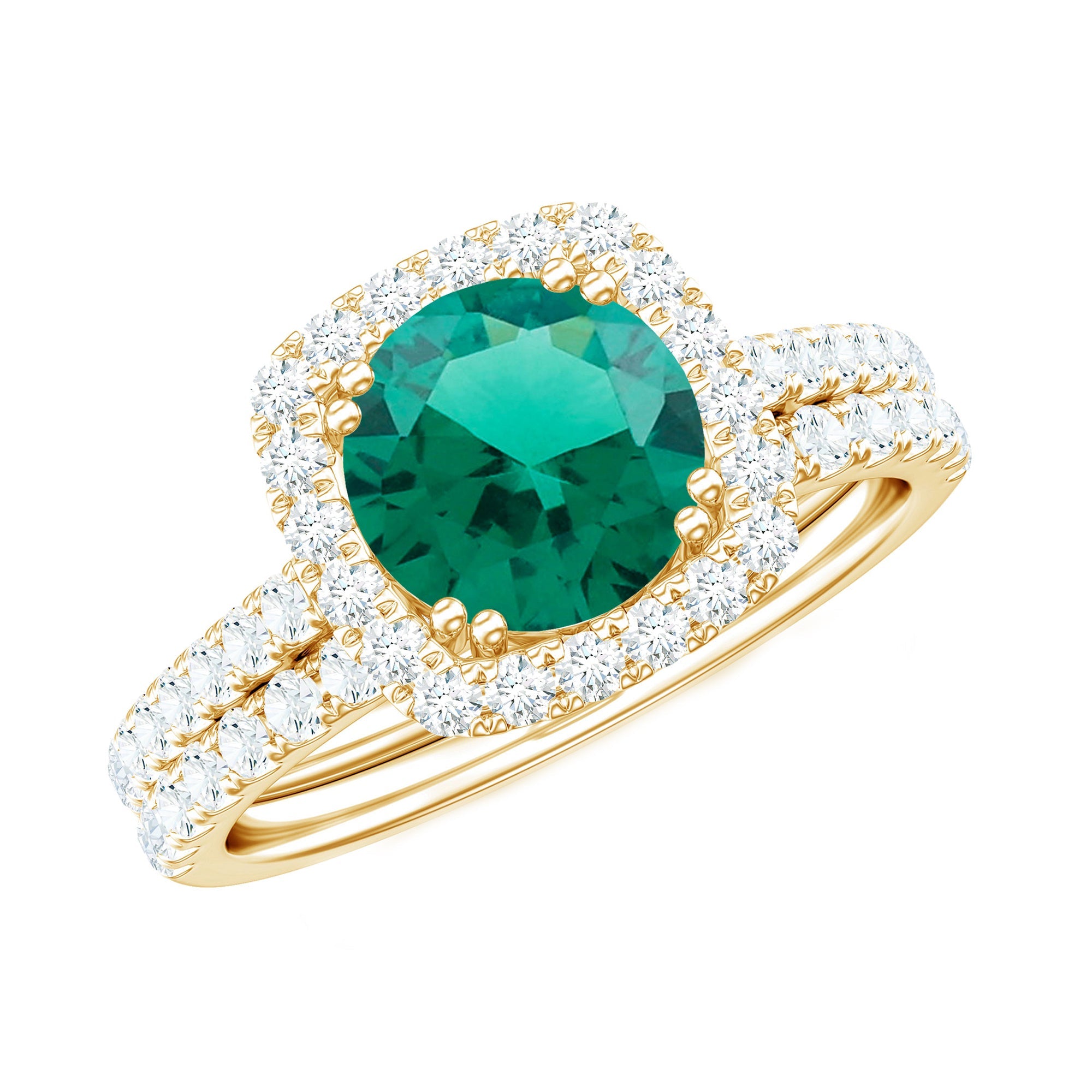 Lab Grown Emerald Ring - Emerald Halo Ring with Moissanite Wedding Band Set