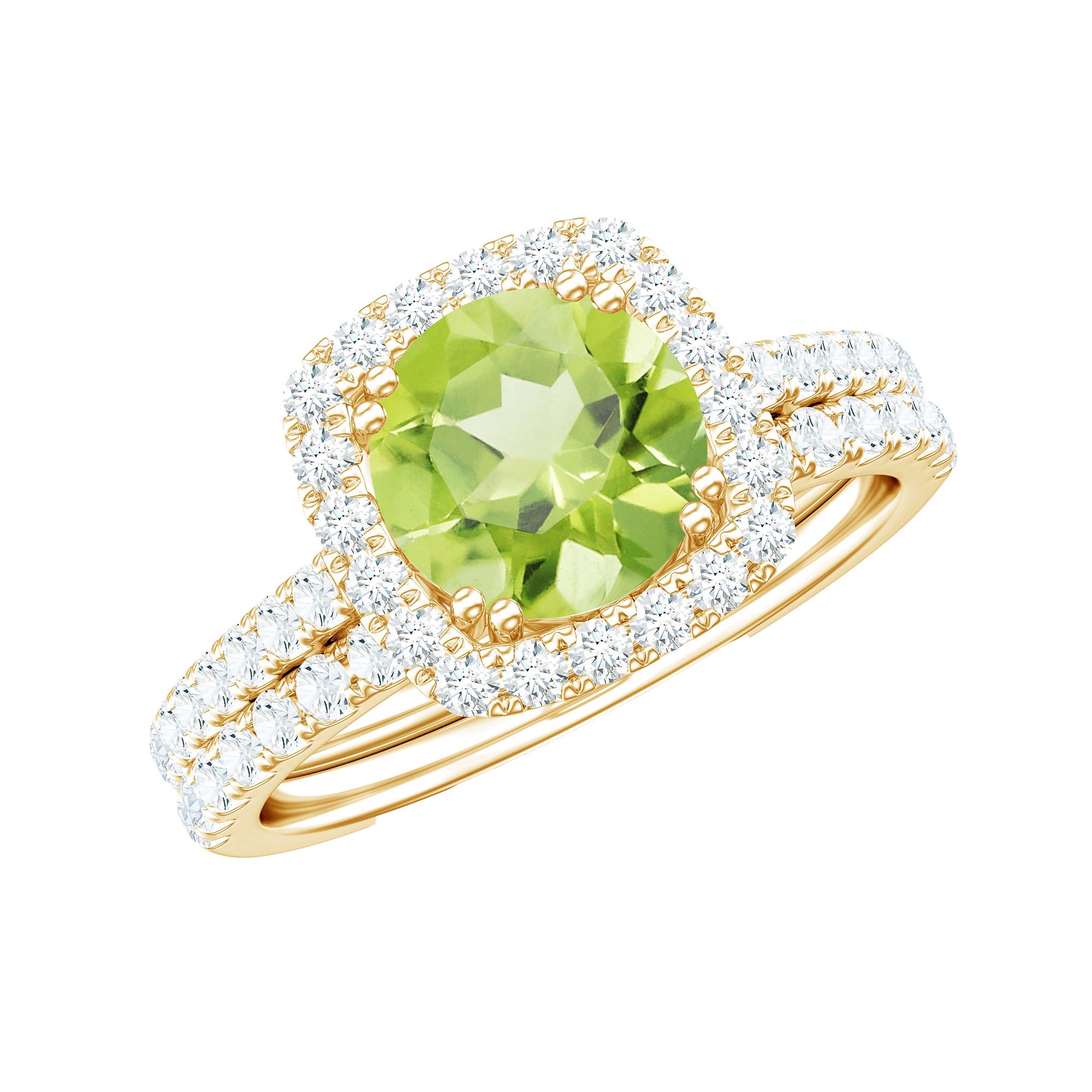 Peridot Engagement Ring – Natural 2 Carat Green Gemstone Bridal Ring Set with Wedding Band