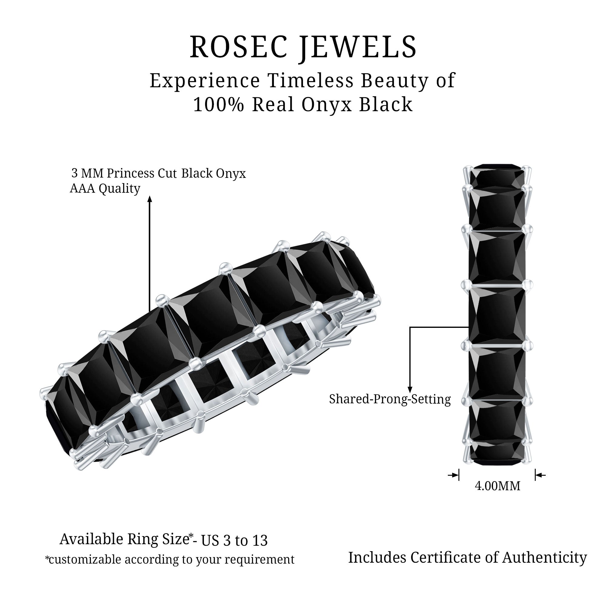Princess Cut Black Onyx Wedding Band in Shared Prong Setting