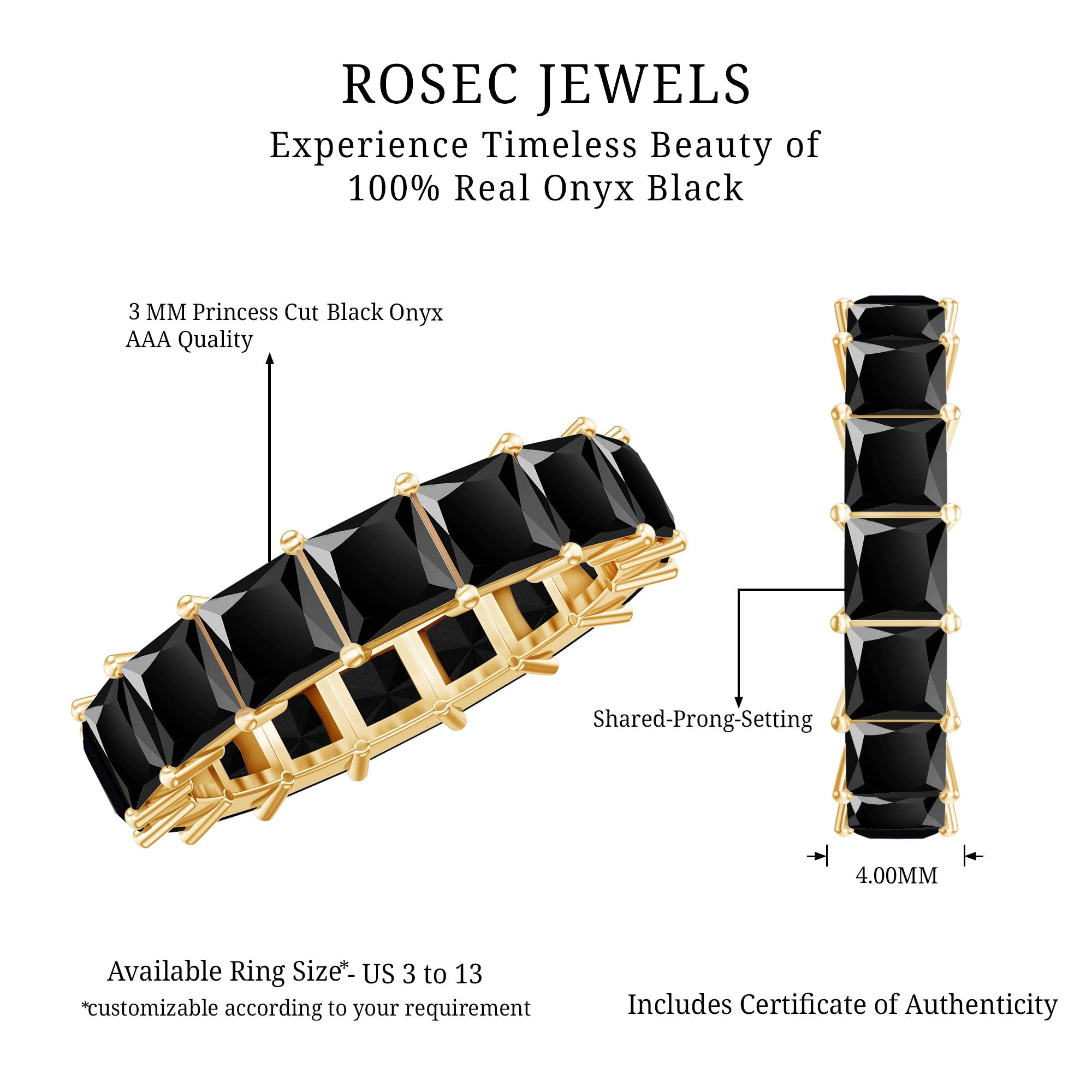 Princess Cut Black Onyx Wedding Band in Shared Prong Setting