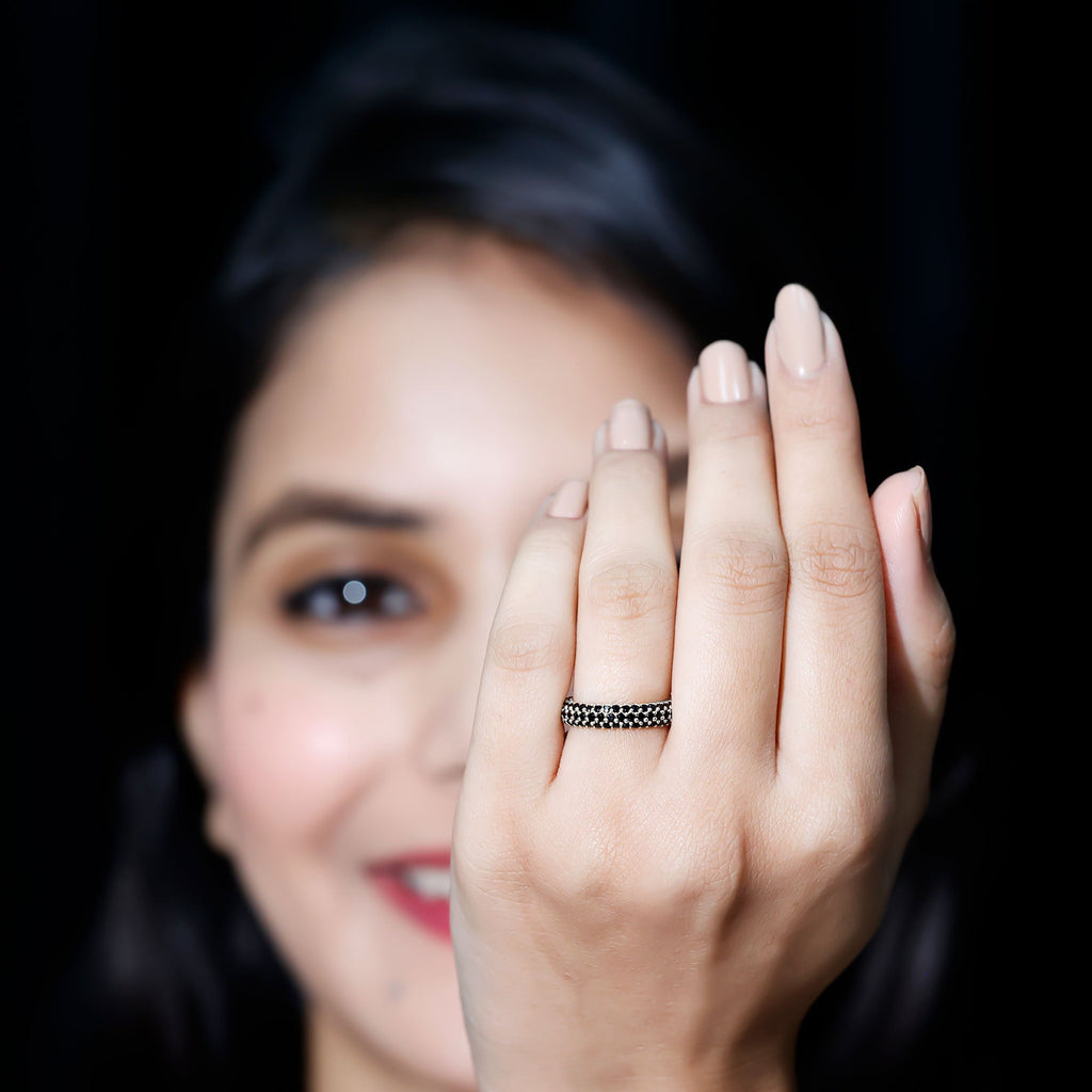 Certified Black Onyx Three Row Eternity Band Ring for Women
