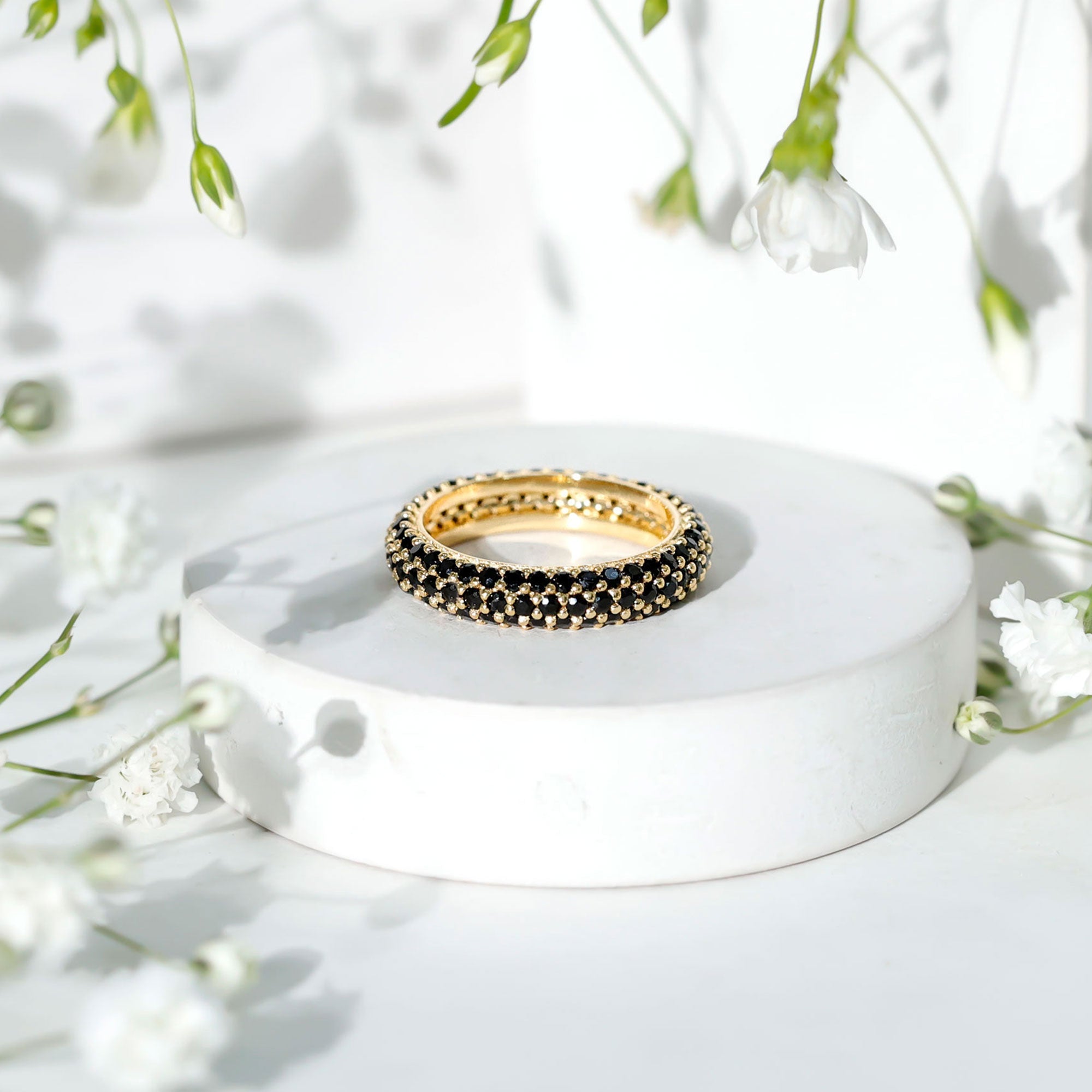 Certified Black Onyx Three Row Eternity Band Ring for Women