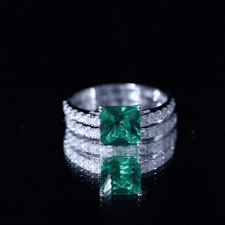 Lab Grown Emerald Ring - Princess Cut Emerald, Moissanite Side Stones & Bridal Wedding Band Set