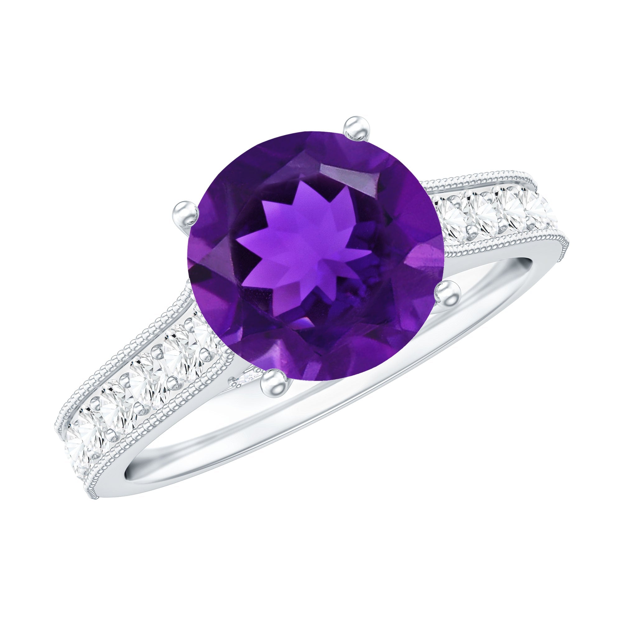 2 Carat Round Amethyst Solitaire Engagement Ring with Moissanite Side Stones
