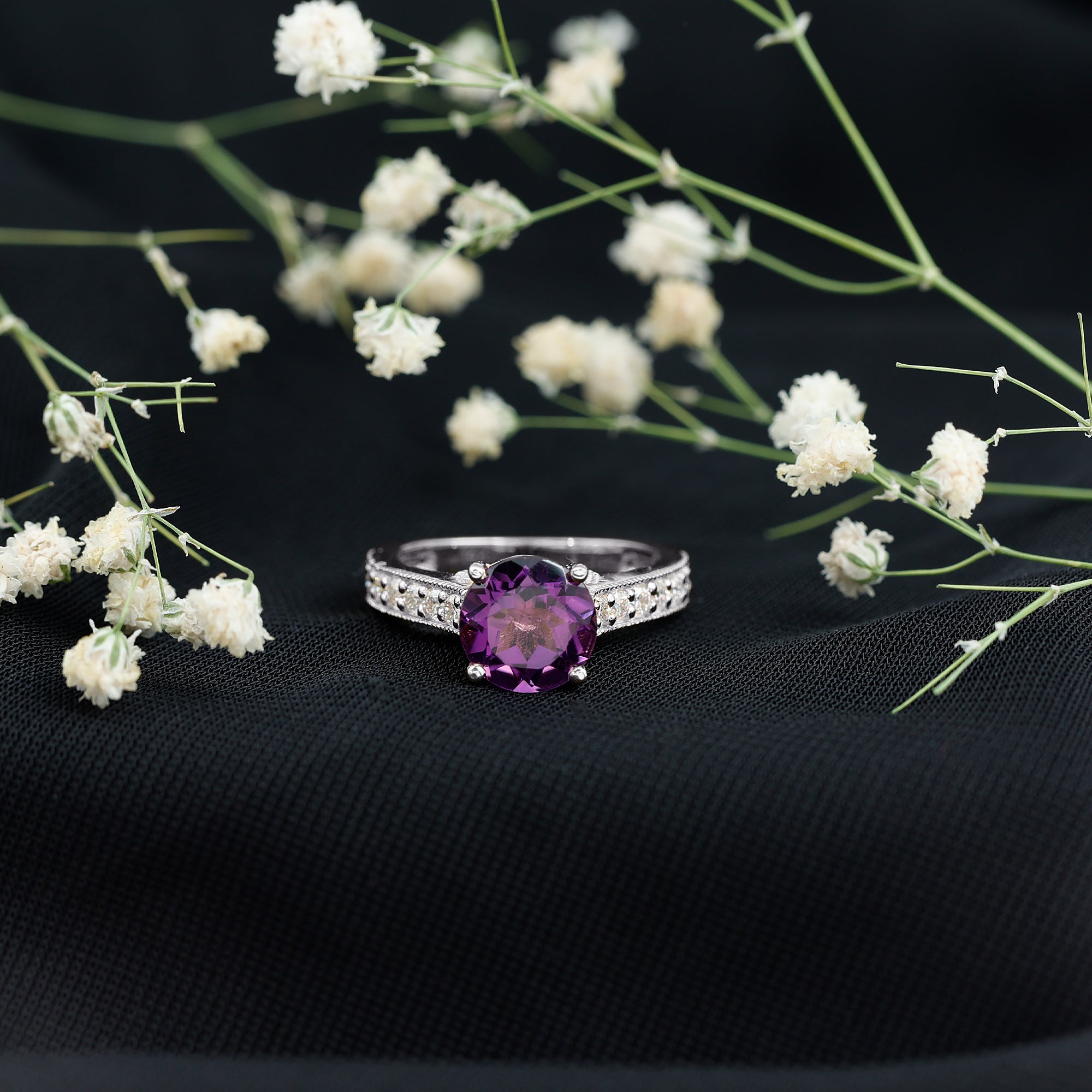 2 Carat Round Amethyst Solitaire Engagement Ring with Moissanite Side Stones