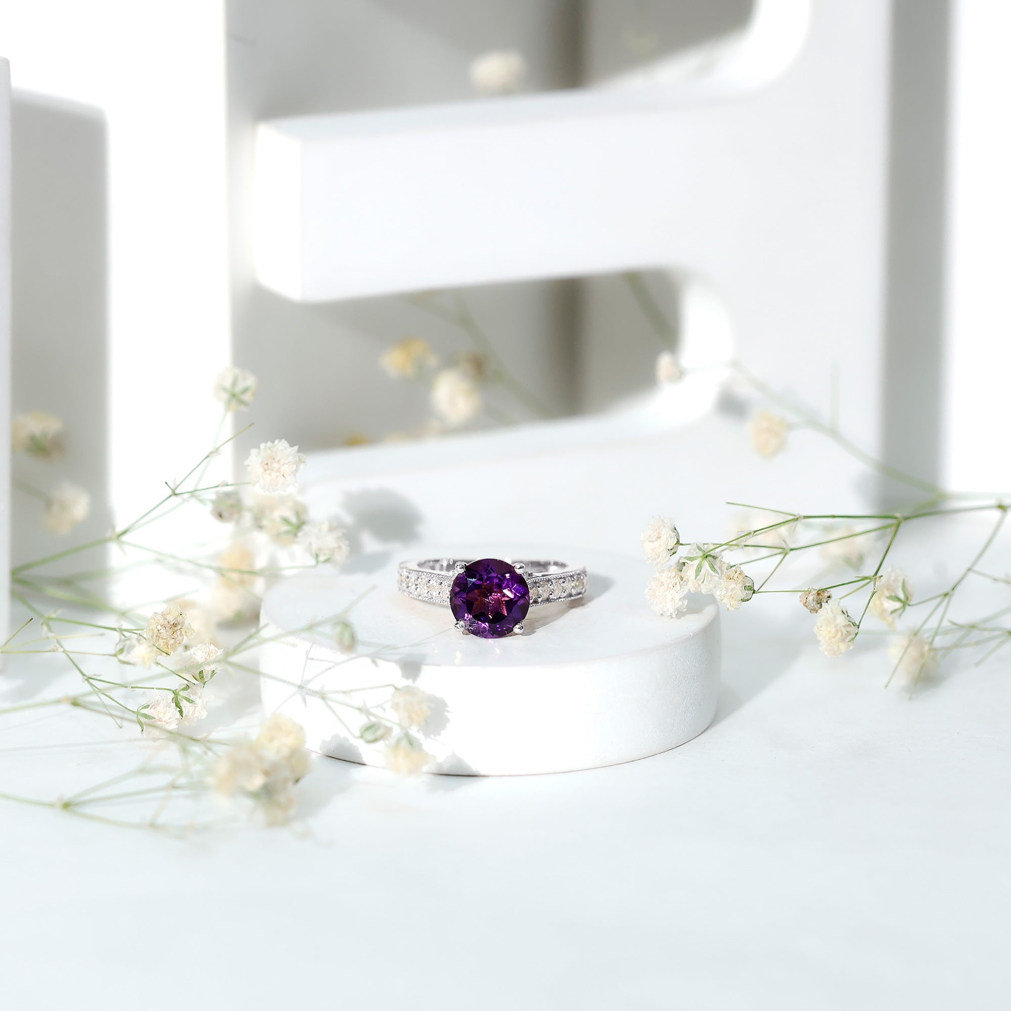 2 Carat Round Amethyst Solitaire Engagement Ring with Moissanite Side Stones