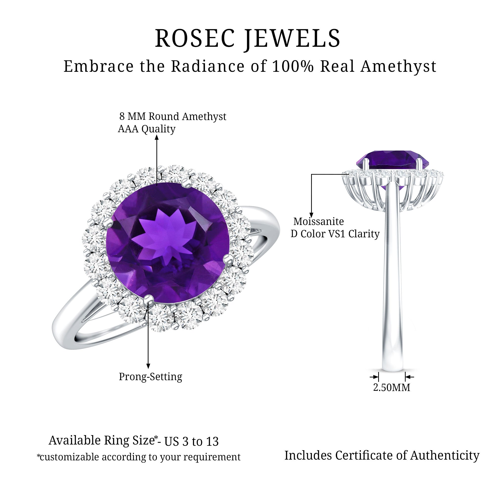 Certified Natural 2 Carat Amethyst Engagement Ring with Moissanite Halo