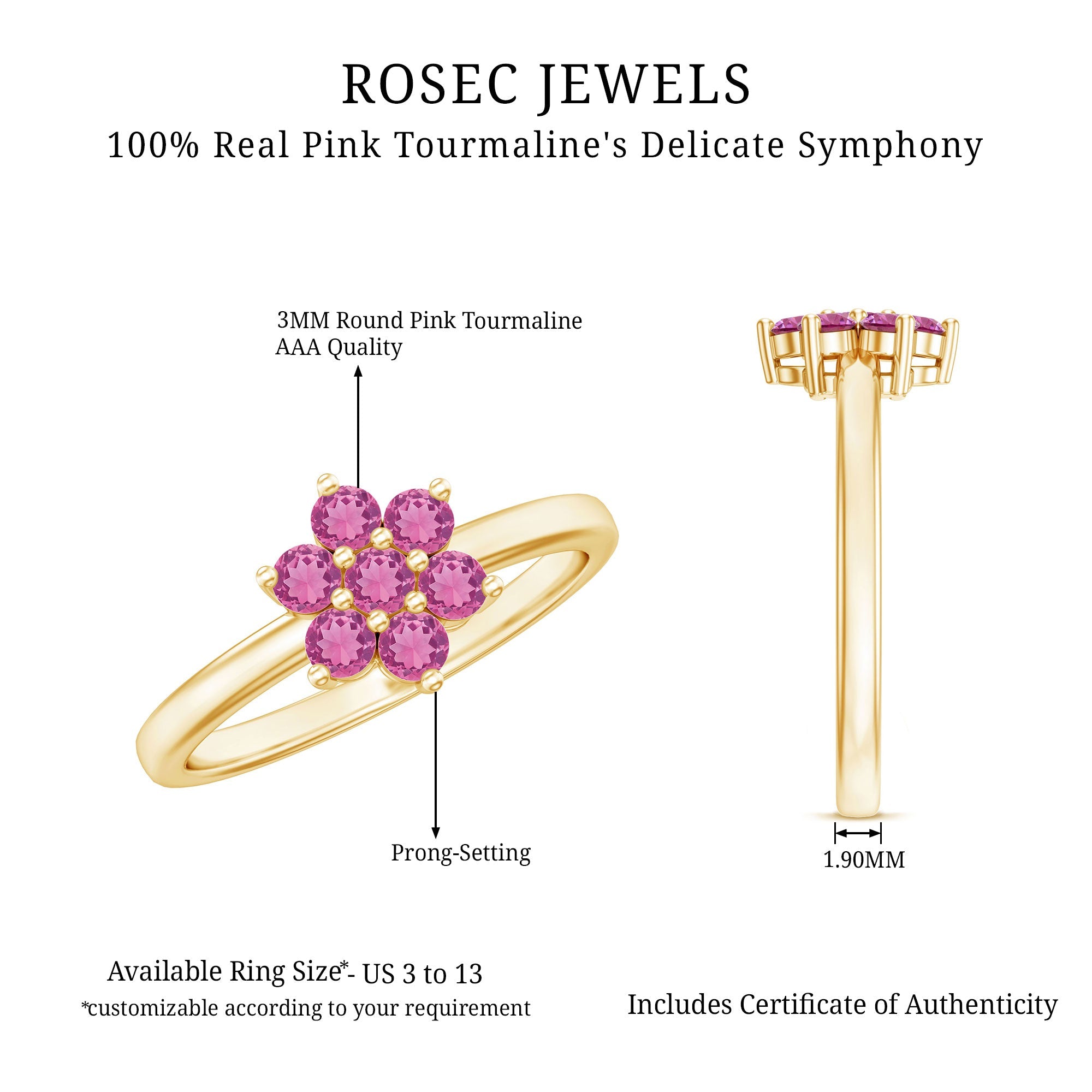 Pink Tourmaline Ring – AAA Flower Cluster Promise Ring in Rose Gold Finish