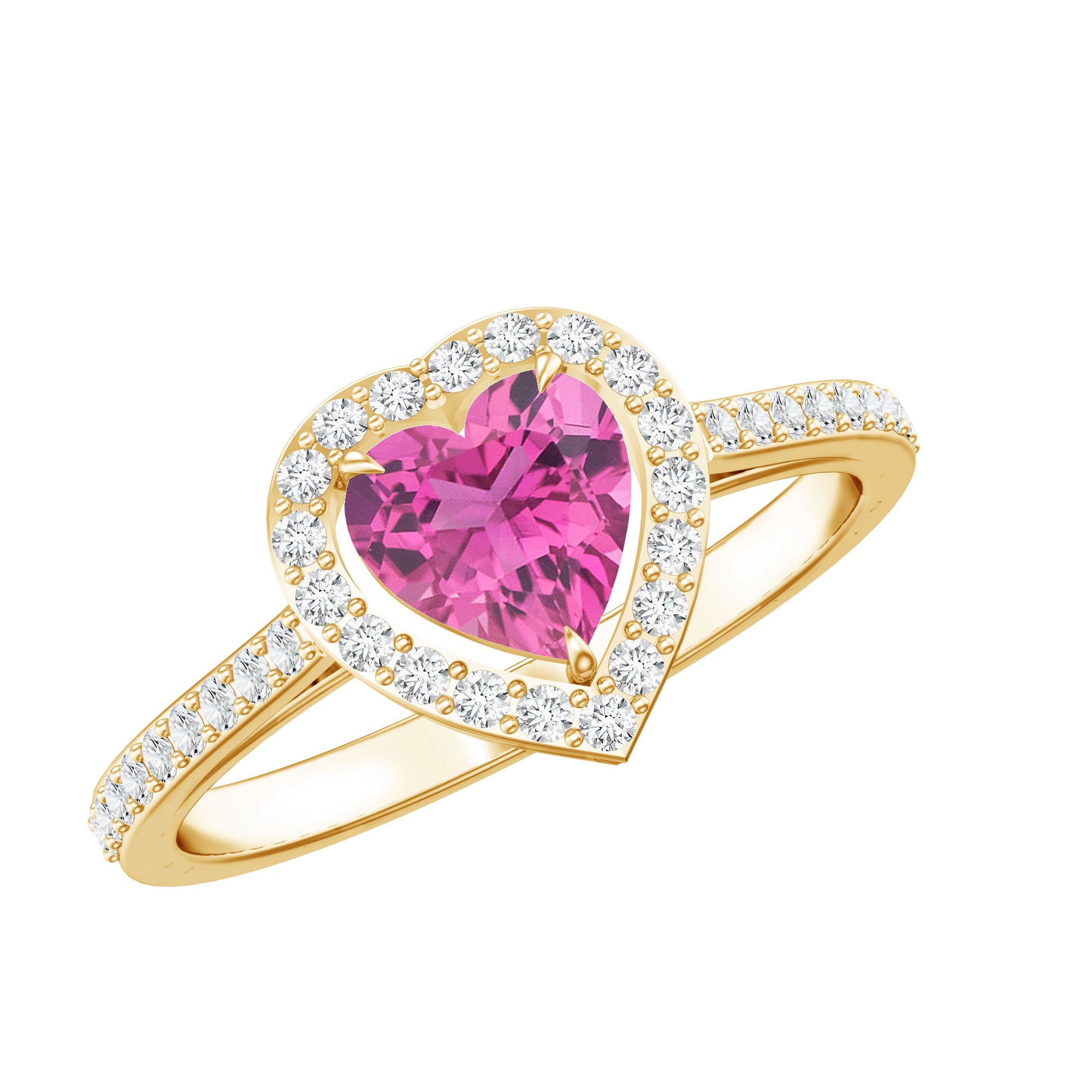 Pink Tourmaline Engagement Ring – Heart Shaped Diamond Halo Claw Set Band