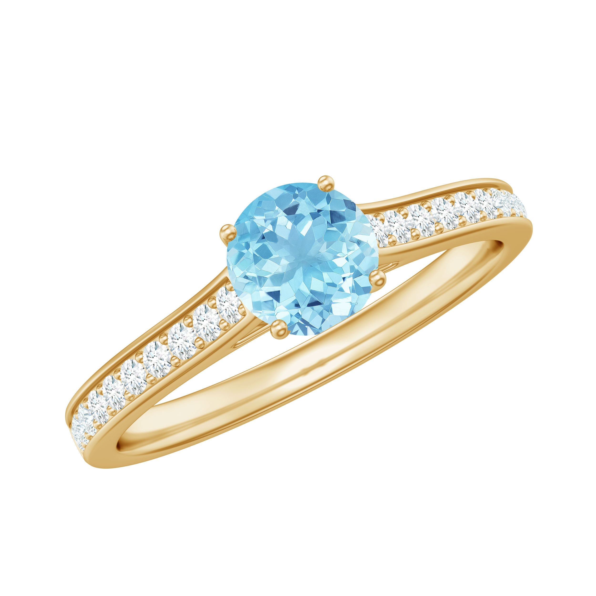 Aquamarine Solitaire Ring – 6mm Round Cut Aquamarine With Diamond Side Stones