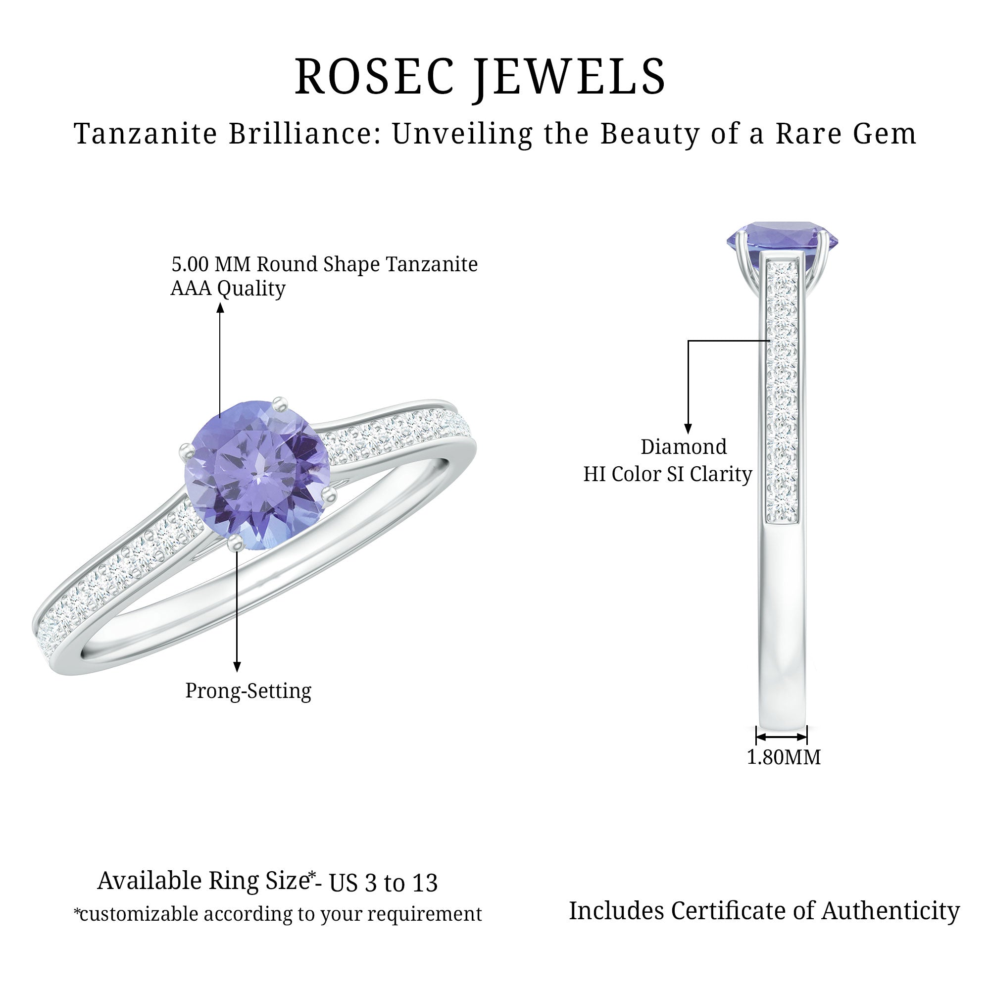 Natural Tanzanite Ring – Solitaire Engagement Ring with Diamond Accents | AAA Quality Blue Violet Gemstone
