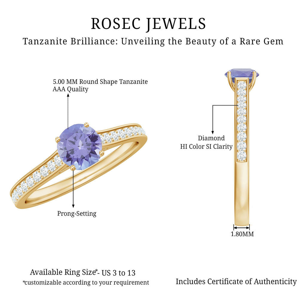 Natural Tanzanite Ring – Solitaire Engagement Ring with Diamond Accents | AAA Quality Blue Violet Gemstone