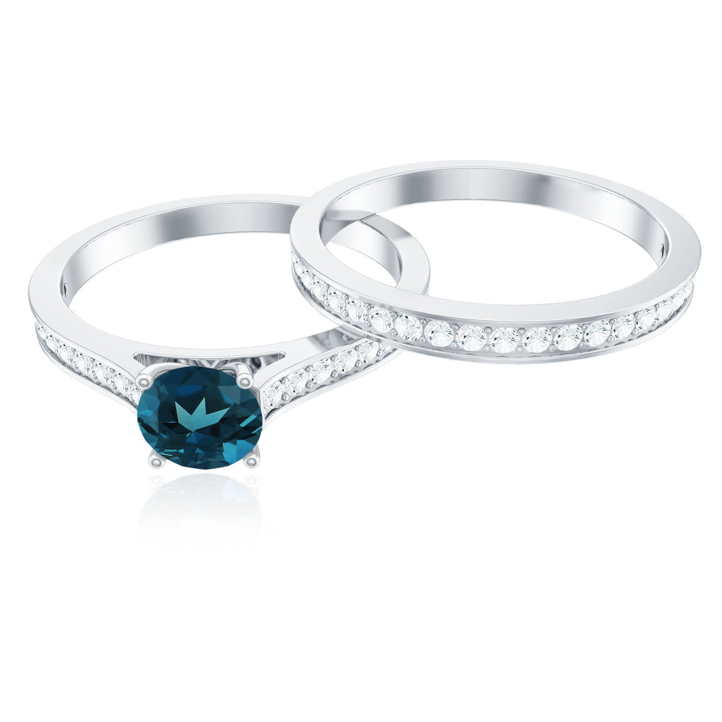 0.6 Carat London Blue Topaz Classic Engagement Ring with Diamond Wedding band