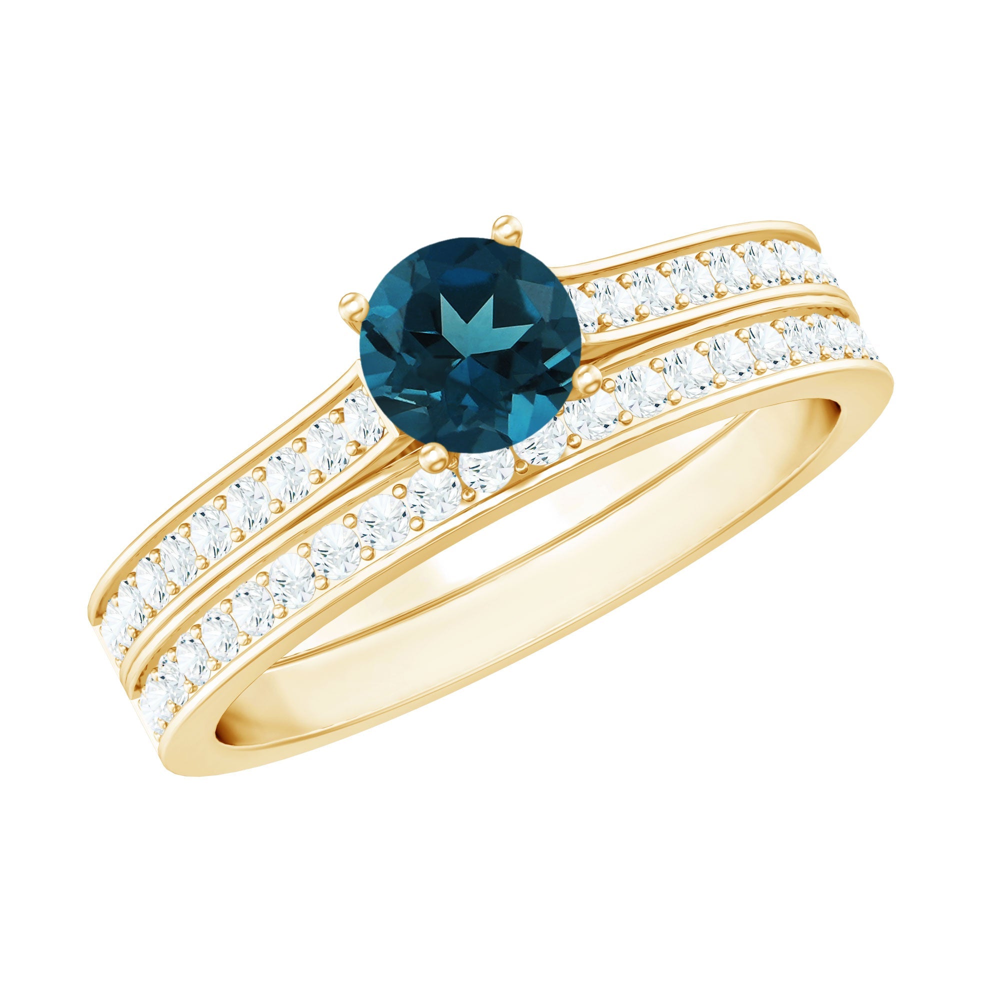 0.6 Carat London Blue Topaz Classic Engagement Ring with Diamond Wedding band