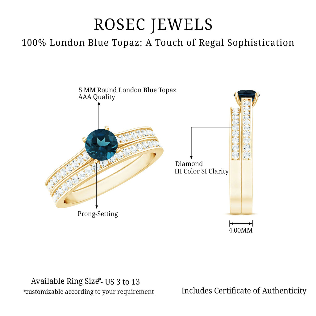 0.6 Carat London Blue Topaz Classic Engagement Ring with Diamond Wedding band