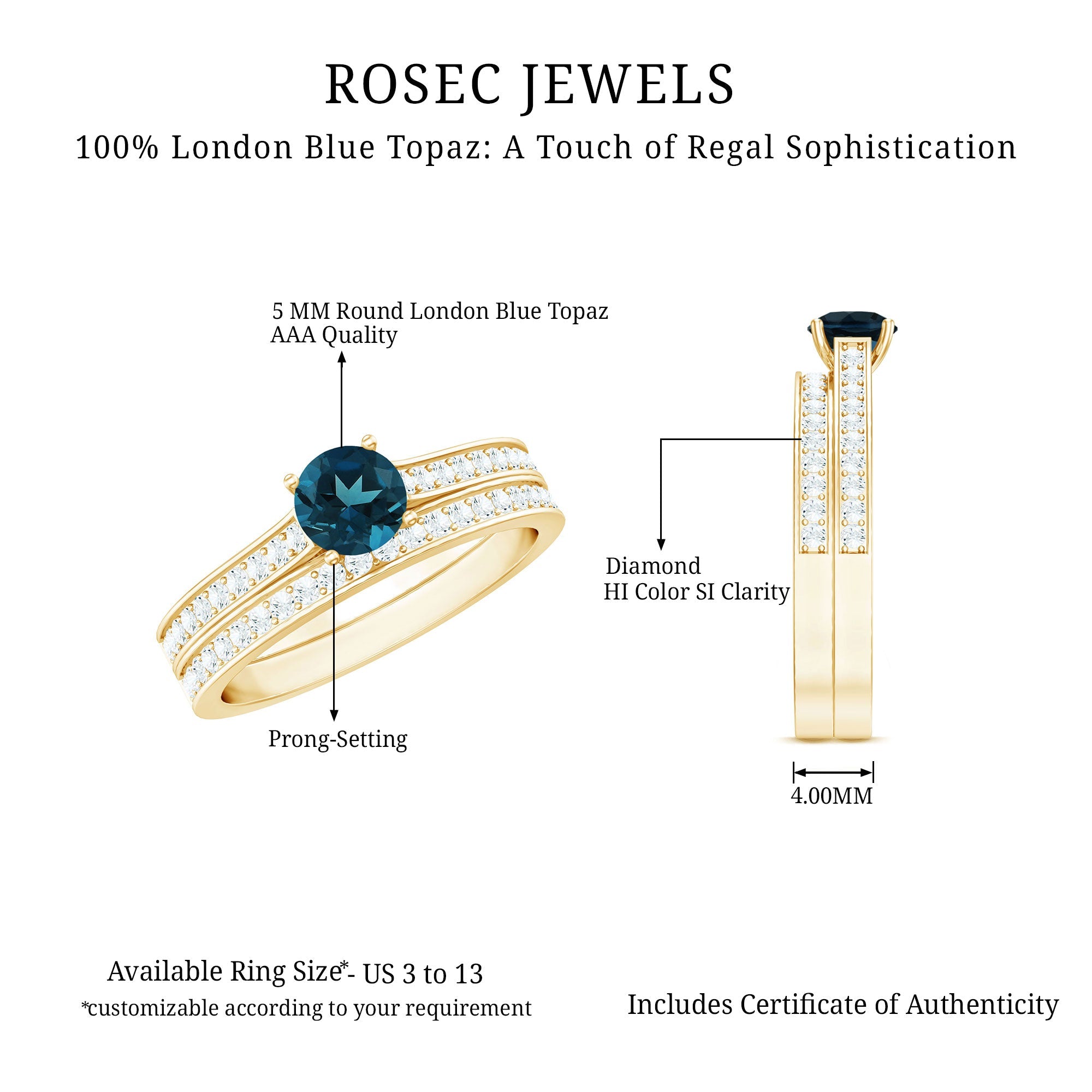 0.6 Carat London Blue Topaz Classic Engagement Ring with Diamond Wedding band