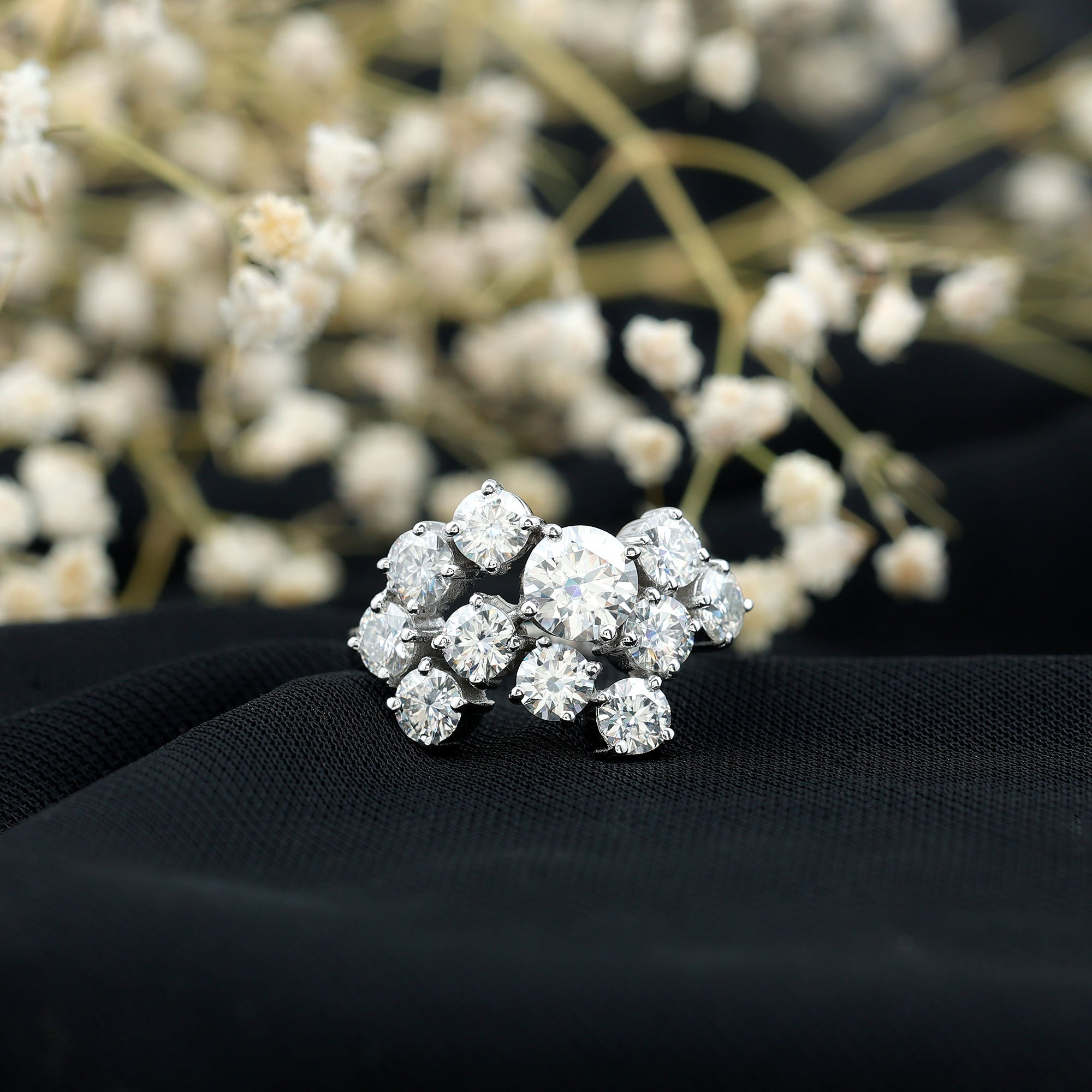 Certified Moissanite Cluster Statement Ring in Silver