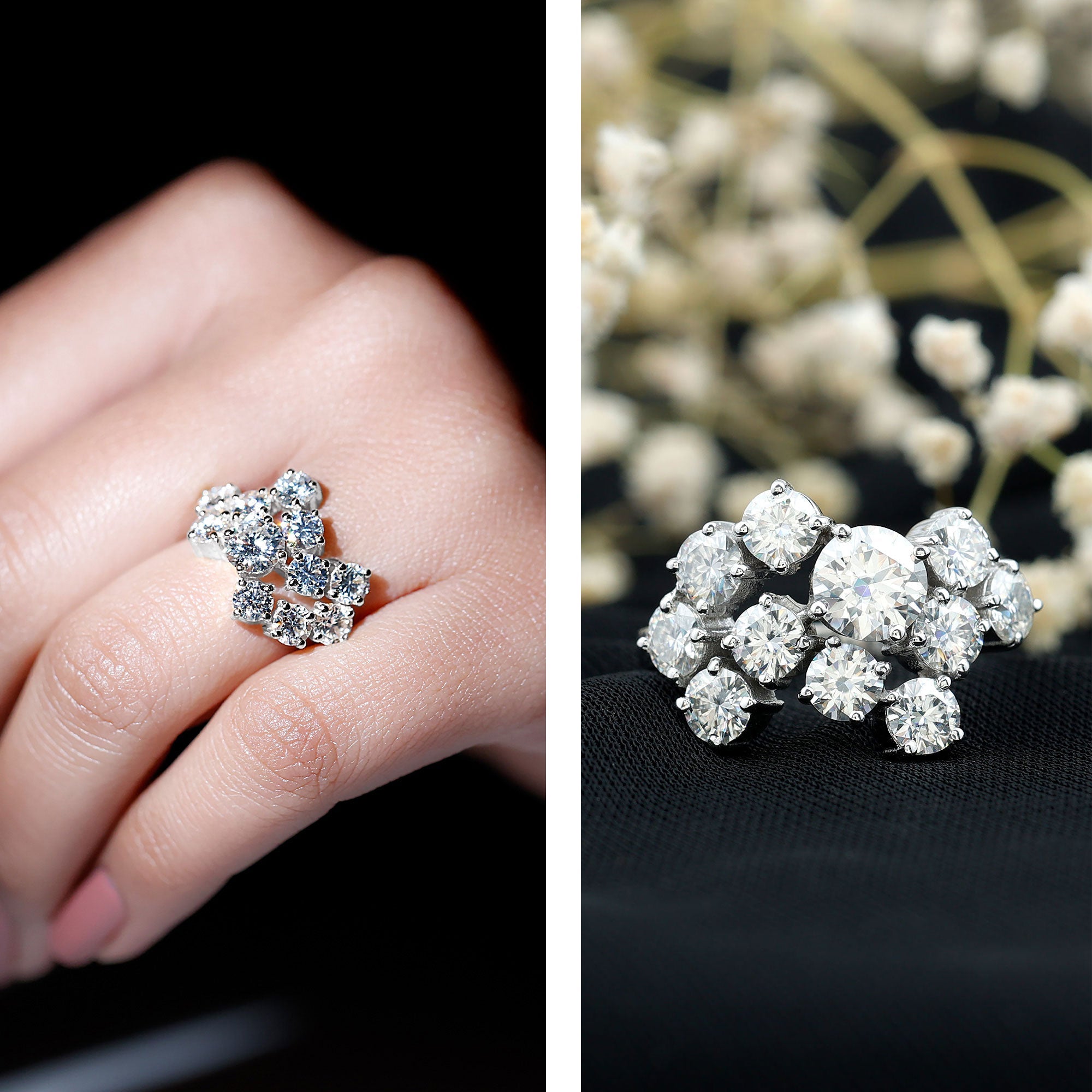 Certified Moissanite Cluster Statement Ring in Silver