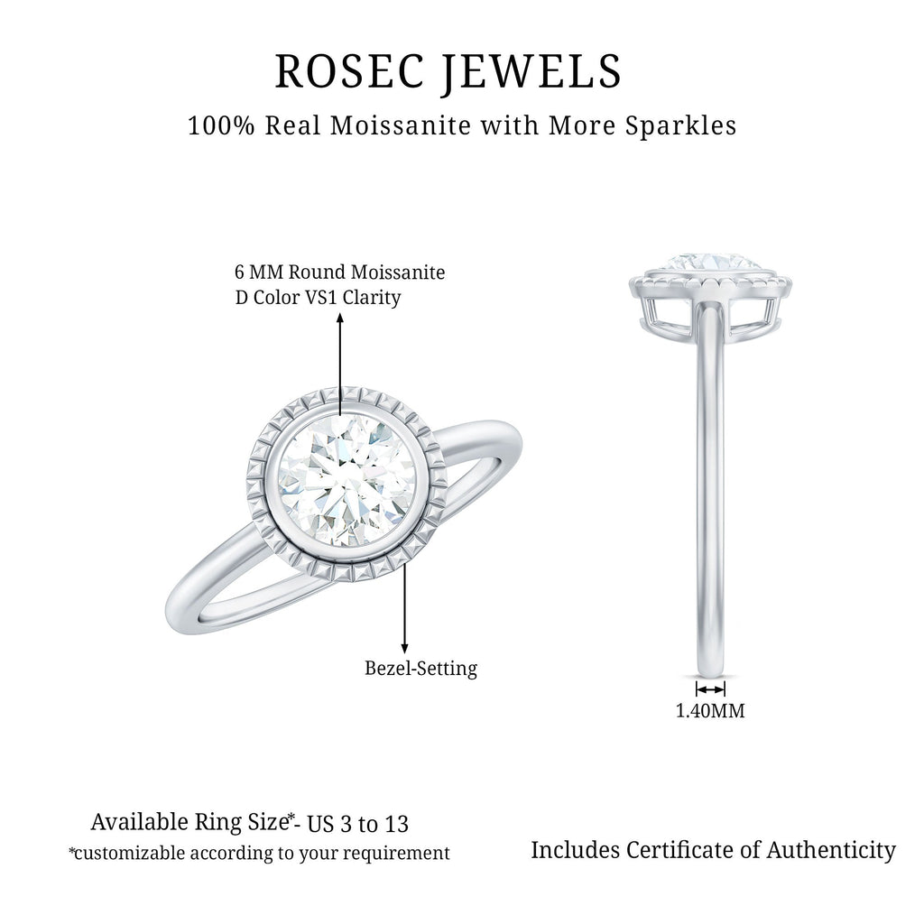 Moissanite Engagement Ring – 6mm Round Cut Solitaire in Bezel Setting