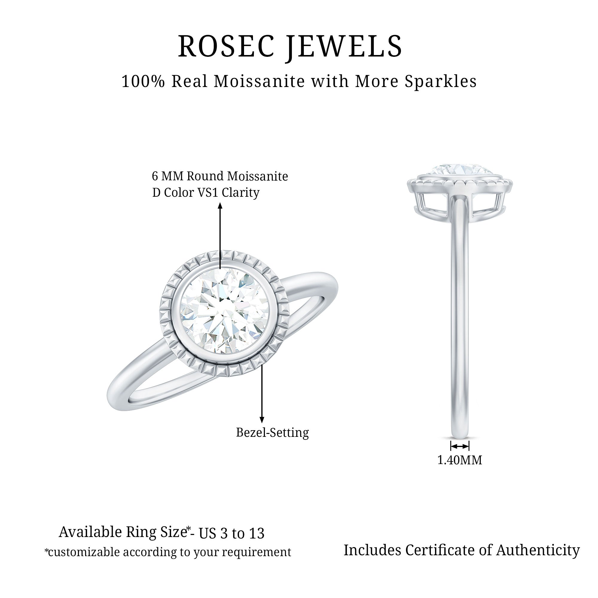 Moissanite Engagement Ring – 6mm Round Cut Solitaire in Bezel Setting