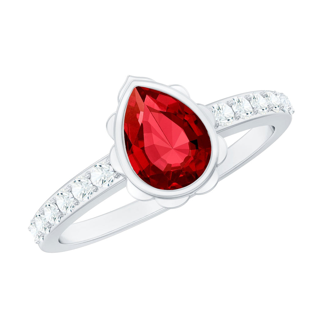 Lab Grown Ruby Ring – Pear Shaped Bezel Set Ruby Engagement Ring with Diamond Side Stones