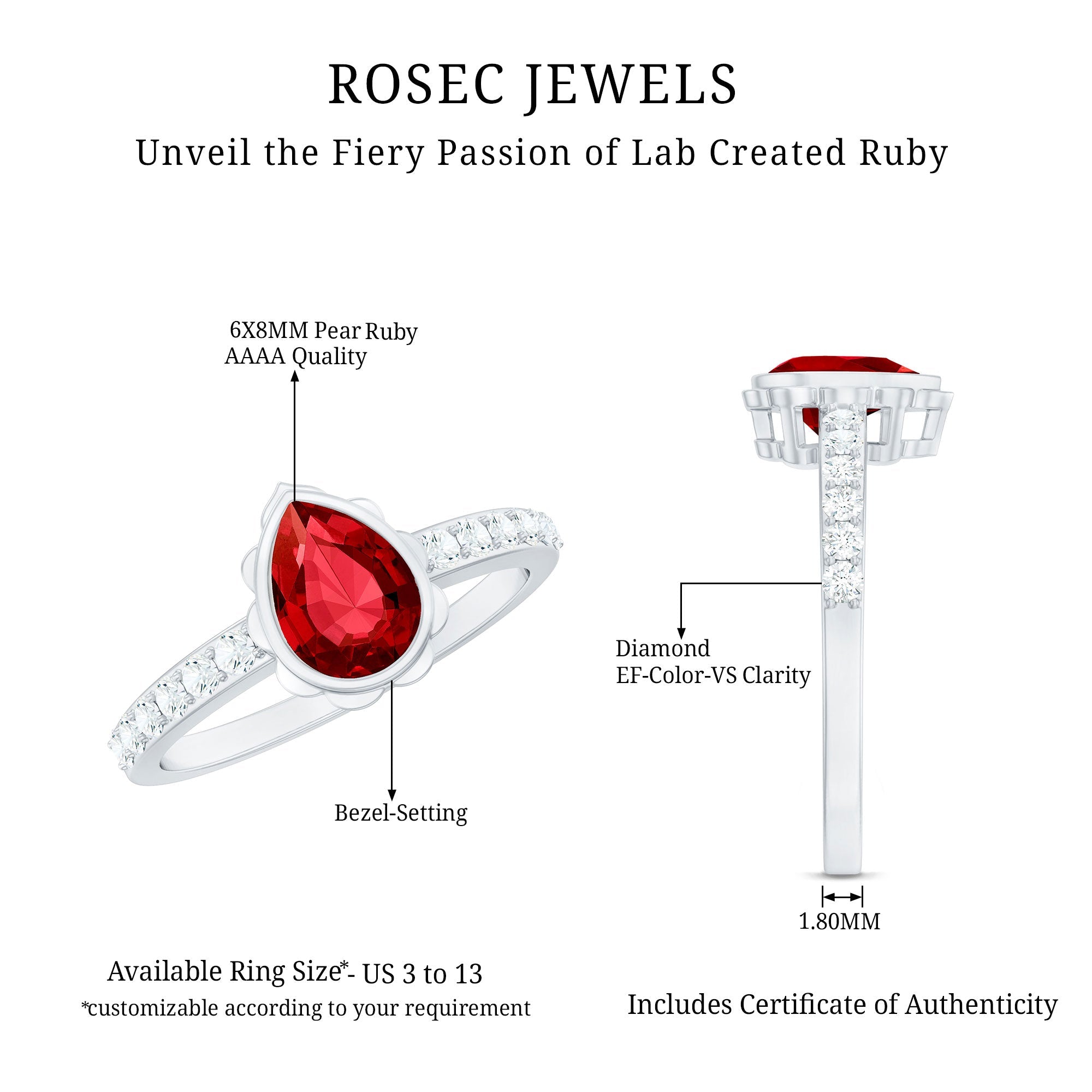 Lab Grown Ruby Ring – Pear Shaped Bezel Set Ruby Engagement Ring with Diamond Side Stones