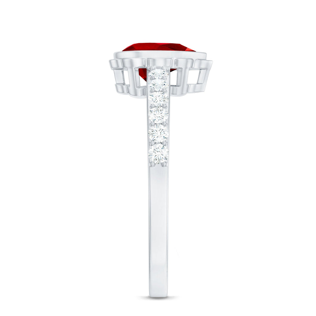 Lab Grown Ruby Ring – Pear Shaped Bezel Set Ruby Engagement Ring with Diamond Side Stones