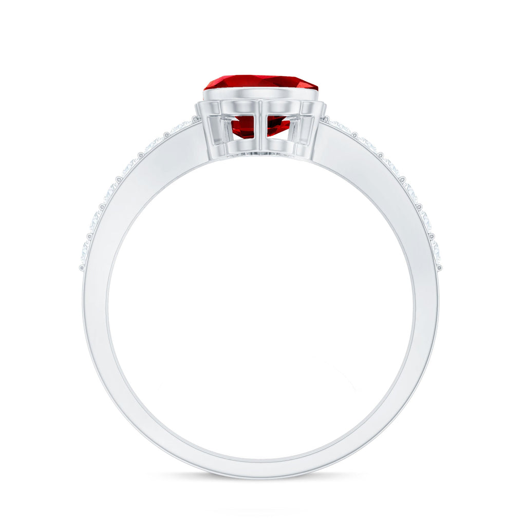 Lab Grown Ruby Ring – Pear Shaped Bezel Set Ruby Engagement Ring with Diamond Side Stones