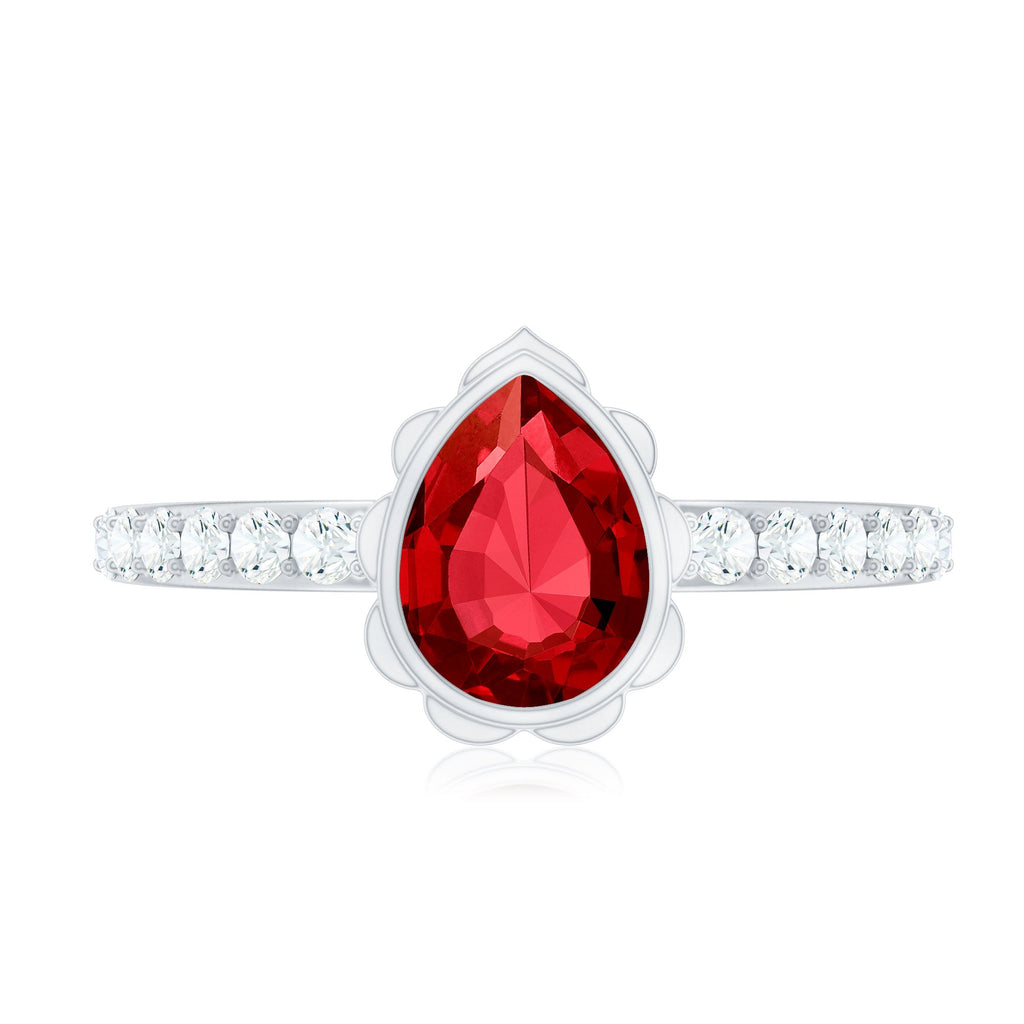 Lab Grown Ruby Ring – Pear Shaped Bezel Set Ruby Engagement Ring with Diamond Side Stones