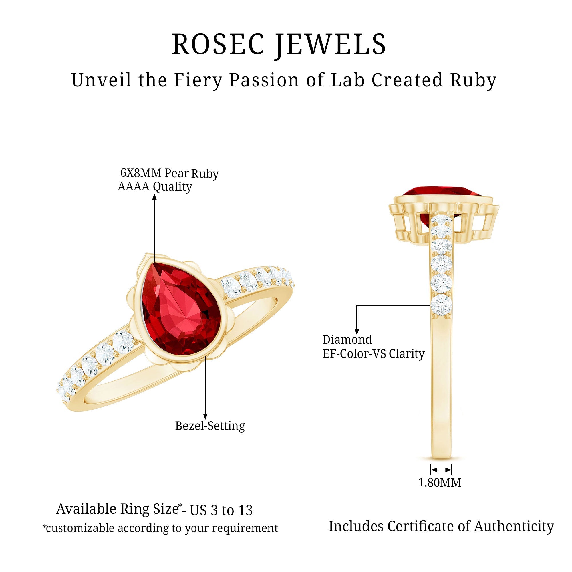 Lab Grown Ruby Ring – Pear Shaped Bezel Set Ruby Engagement Ring with Diamond Side Stones