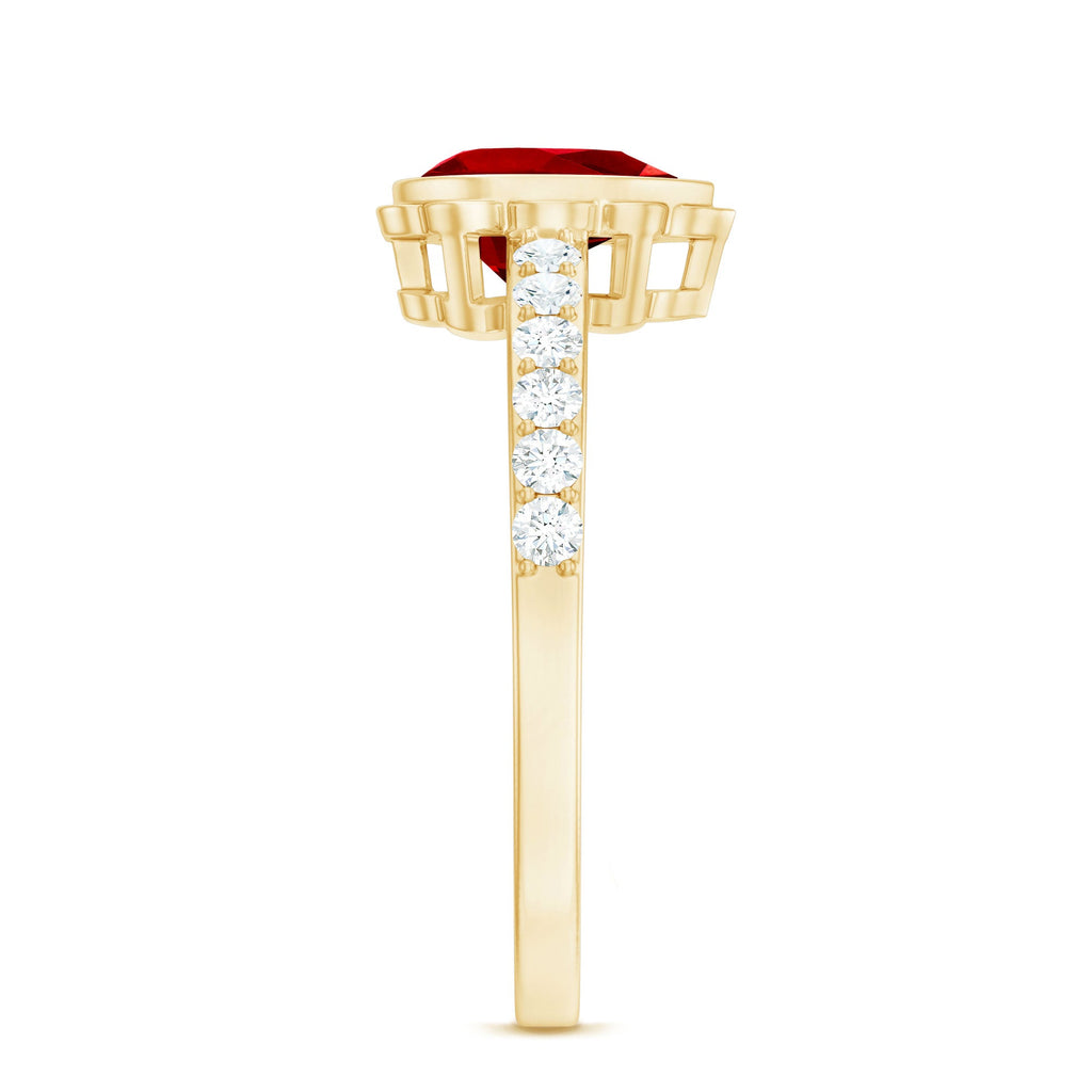 Lab Grown Ruby Ring – Pear Shaped Bezel Set Ruby Engagement Ring with Diamond Side Stones
