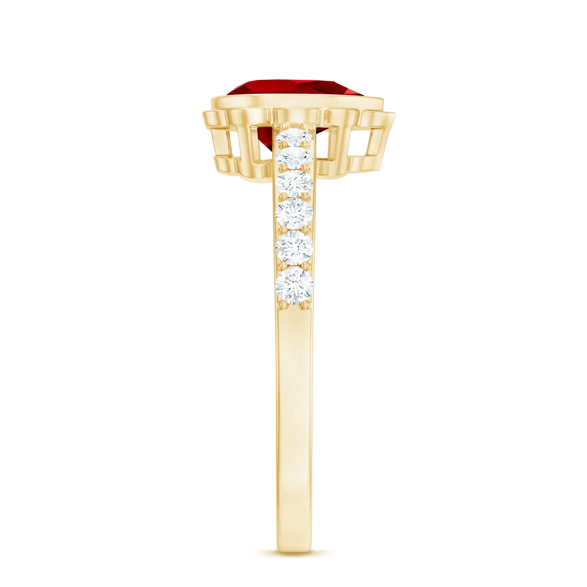 Lab Grown Ruby Ring – Pear Shaped Bezel Set Ruby Engagement Ring with Diamond Side Stones