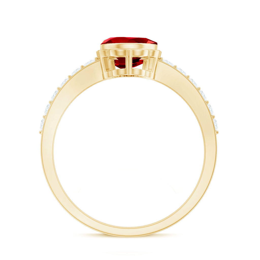 Lab Grown Ruby Ring – Pear Shaped Bezel Set Ruby Engagement Ring with Diamond Side Stones