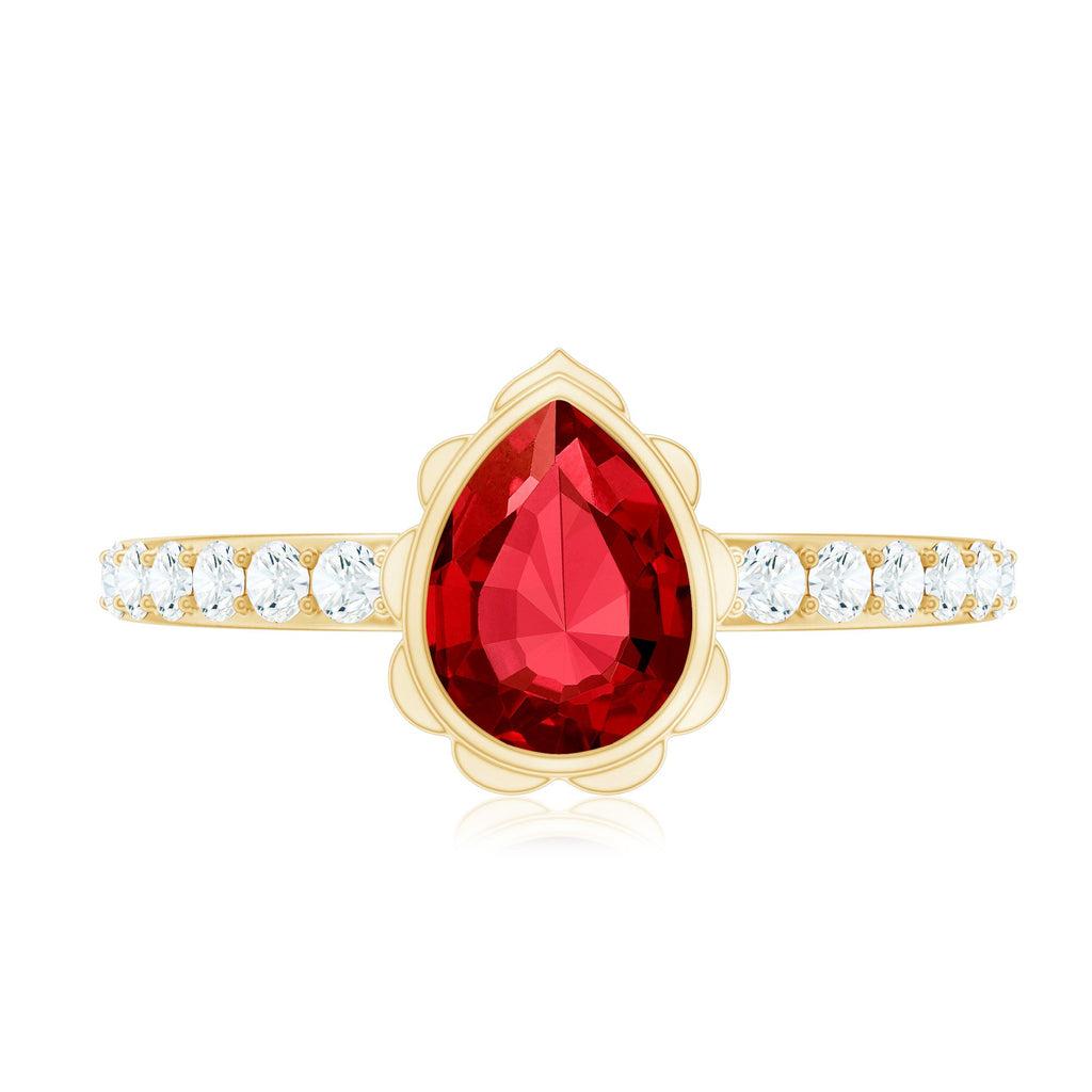 Lab Grown Ruby Ring – Pear Shaped Bezel Set Ruby Engagement Ring with Diamond Side Stones