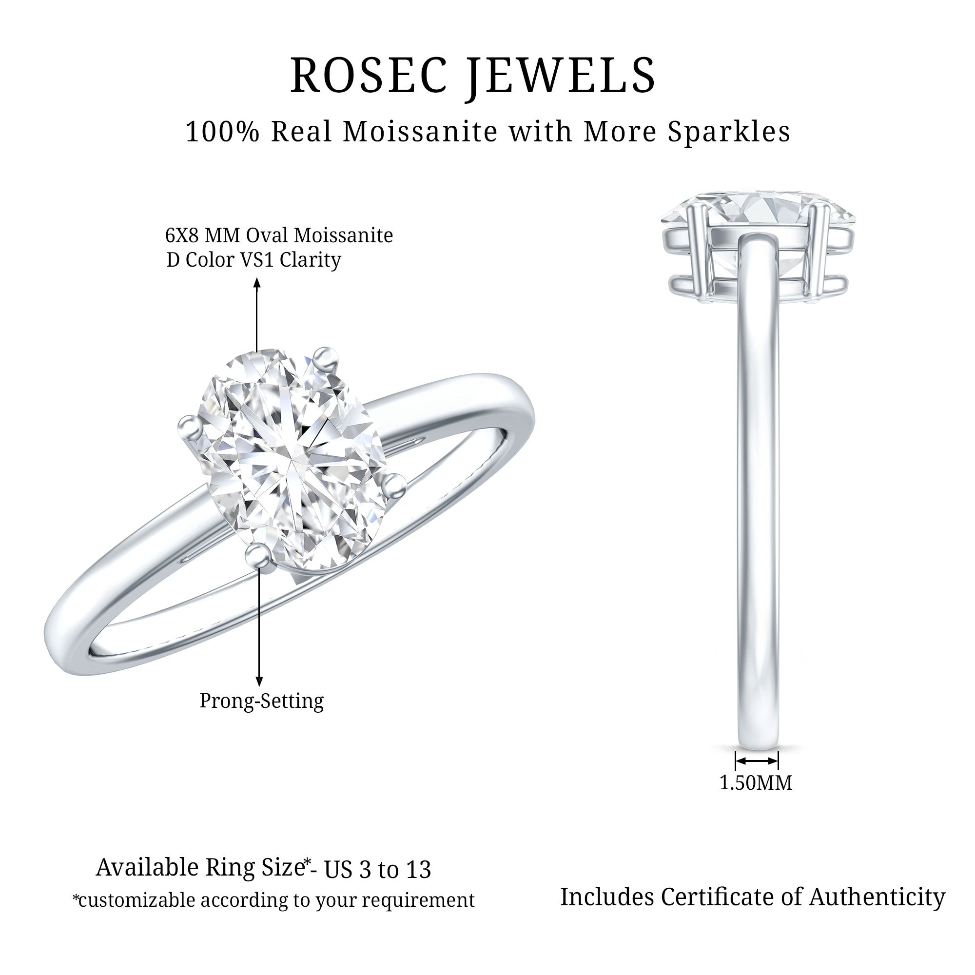 Moissanite Engagement Ring - 6X8 mm Oval Solitaire Prong Setting Ring