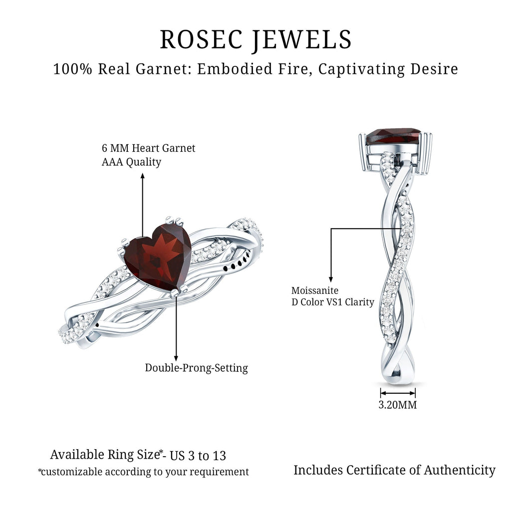 Garnet Heart Engagement Ring – 1 Carat AAA Quality Red Garnet, Braided Shank Design