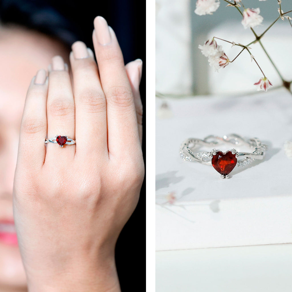 Garnet Heart Engagement Ring – 1 Carat AAA Quality Red Garnet, Braided Shank Design