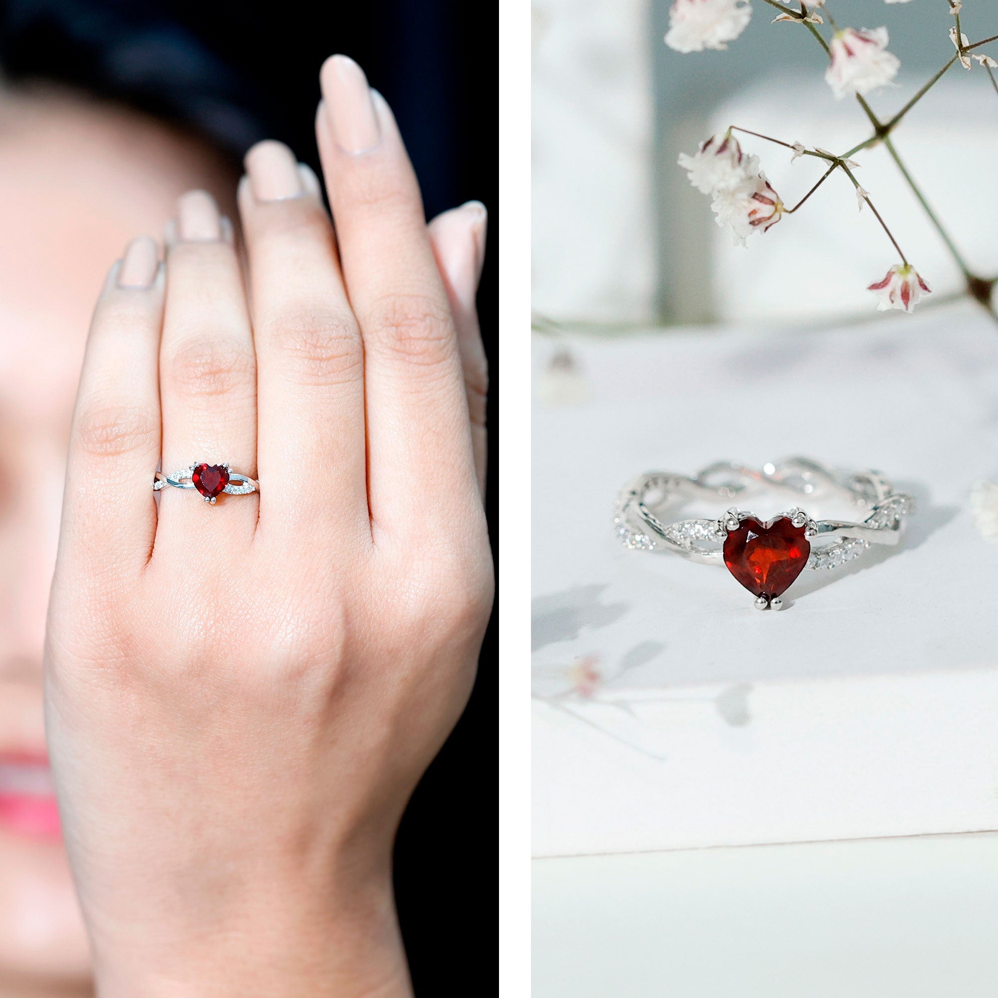Garnet Heart Engagement Ring – 1 Carat AAA Quality Red Garnet, Braided Shank Design