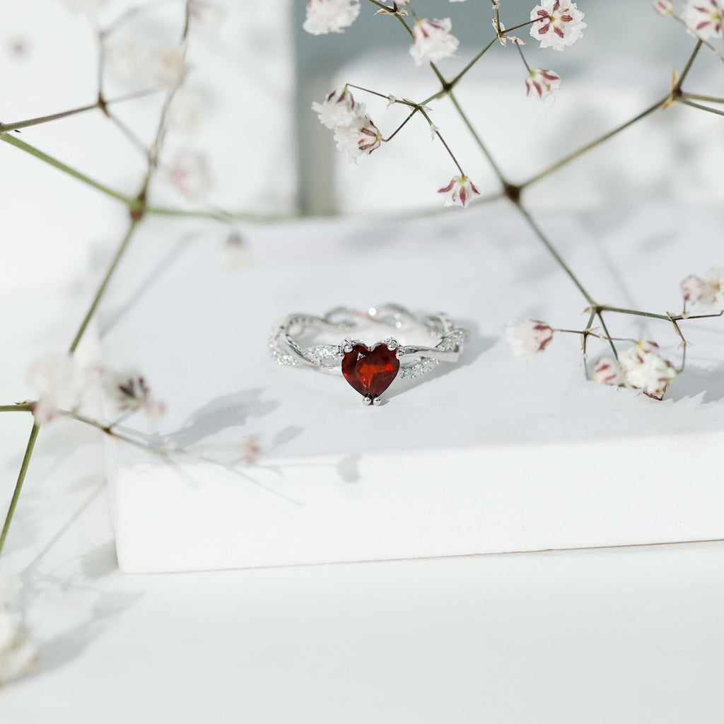 Garnet Heart Engagement Ring – 1 Carat AAA Quality Red Garnet, Braided Shank Design