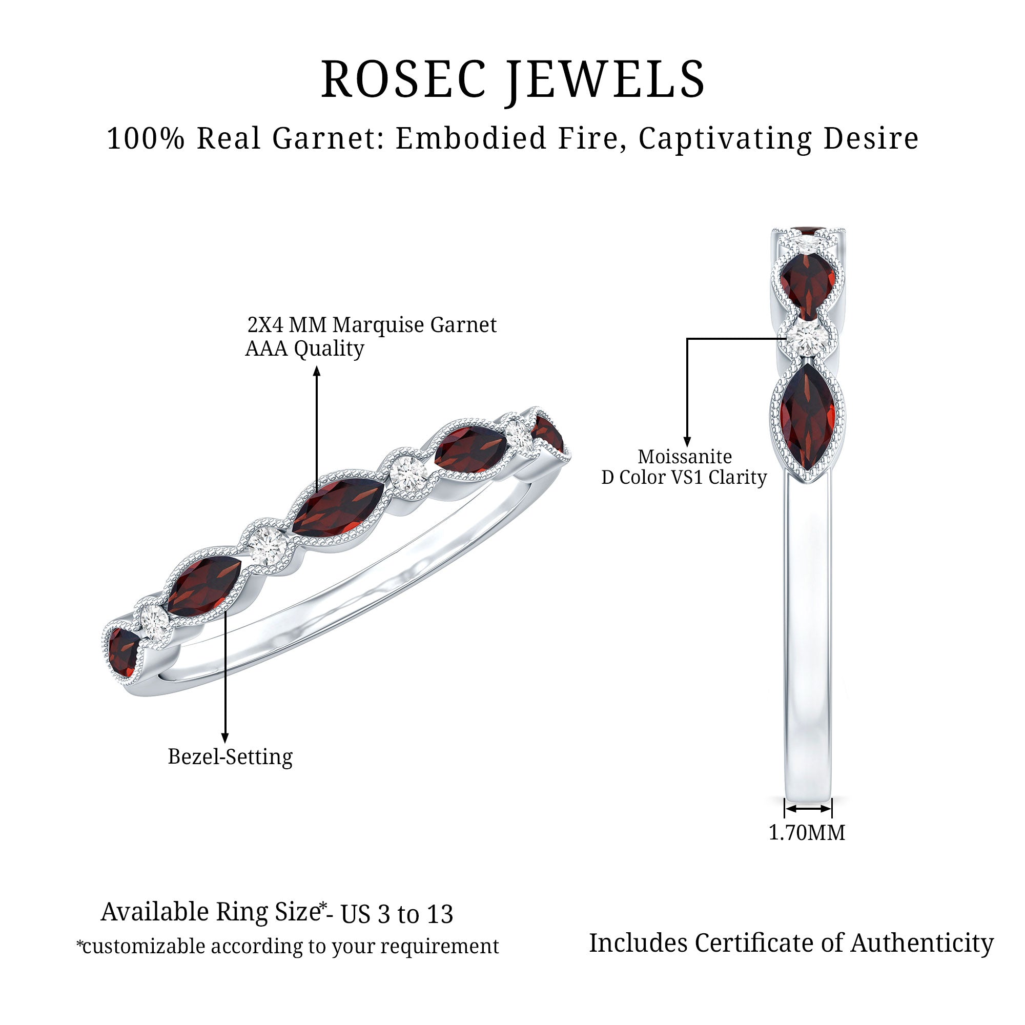 Garnet Eternity Ring – Marquise Cut Ring with AAA Quality Garnet & Moissanite Wedding Band