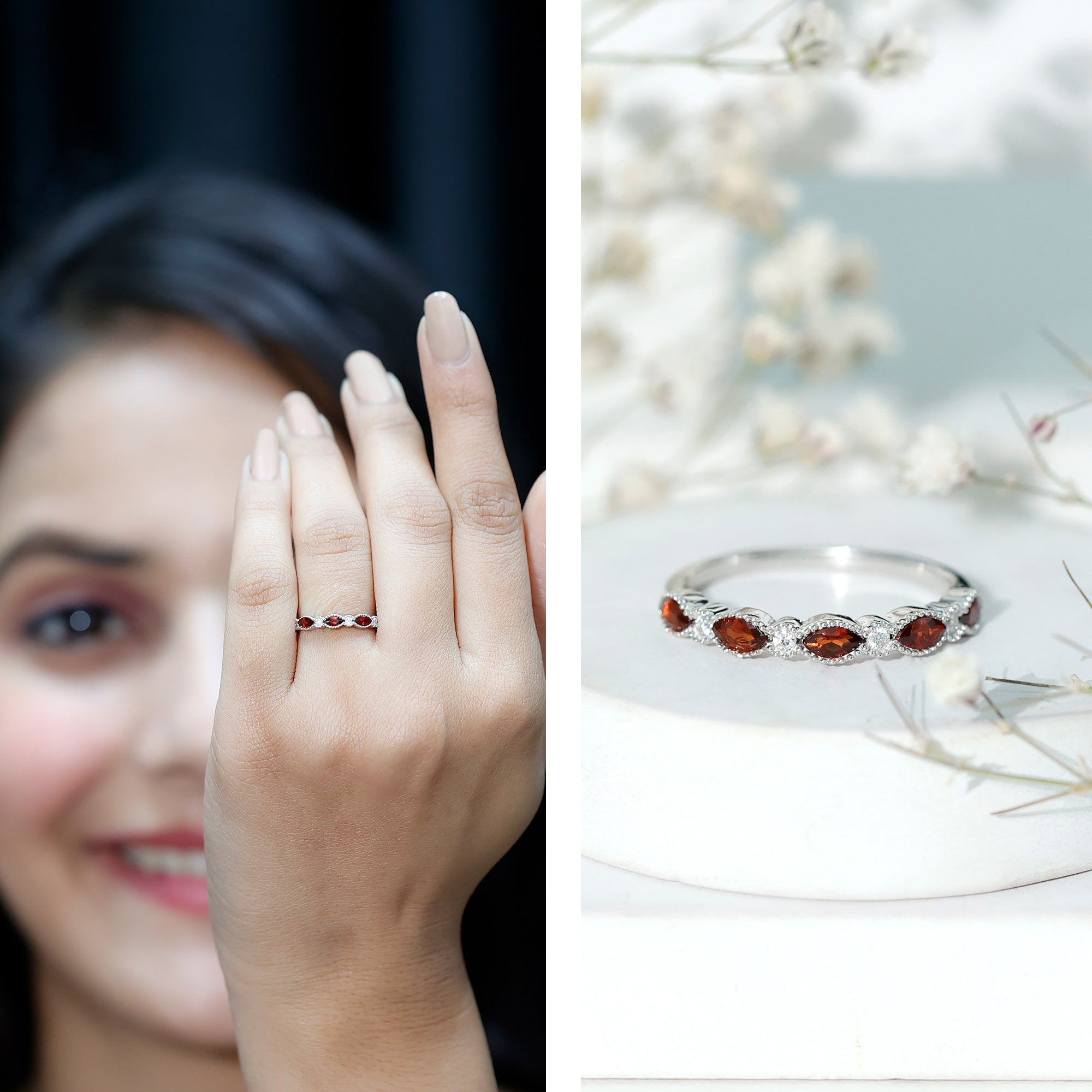 Garnet Eternity Ring – Marquise Cut Ring with AAA Quality Garnet & Moissanite Wedding Band