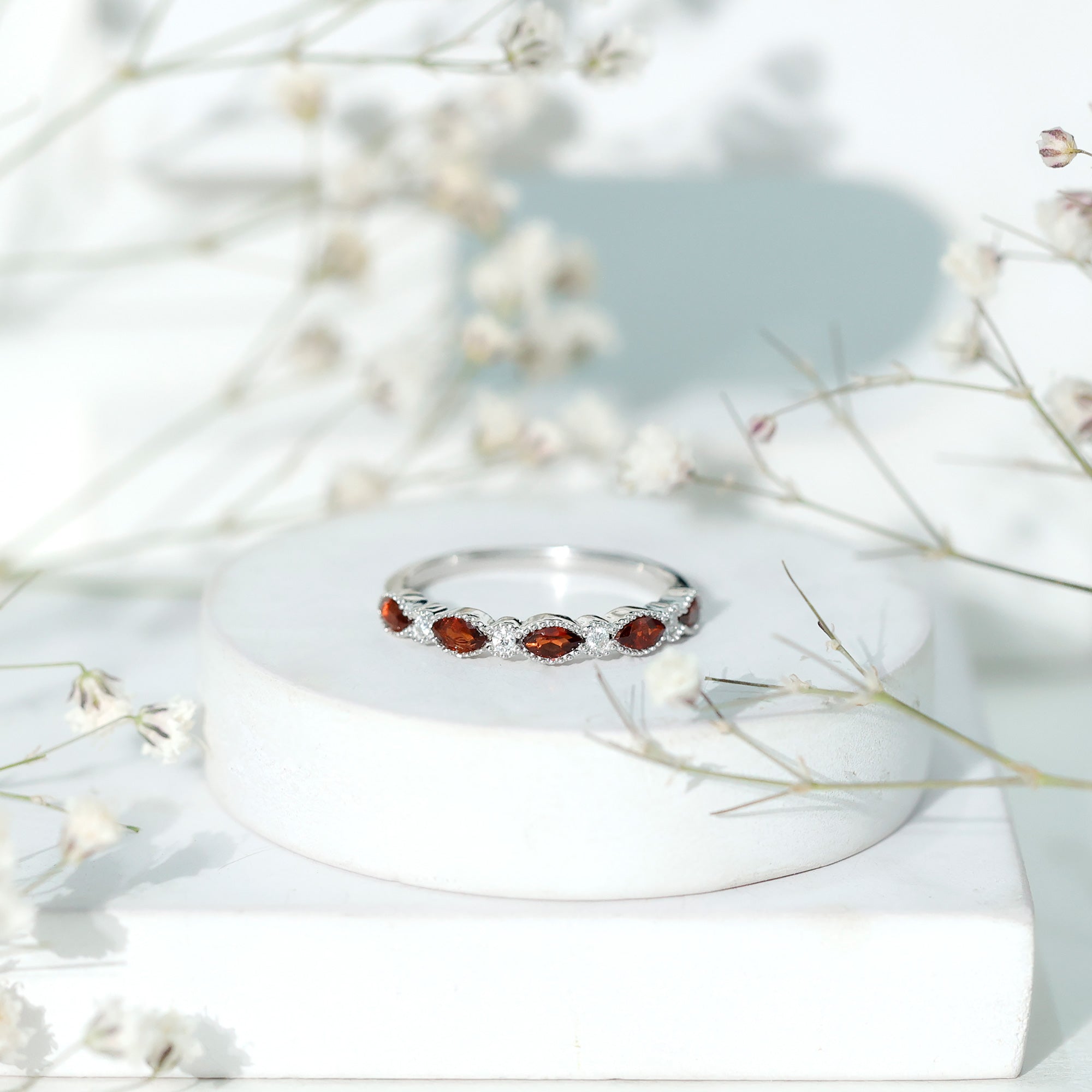 Garnet Eternity Ring – Marquise Cut Ring with AAA Quality Garnet & Moissanite Wedding Band