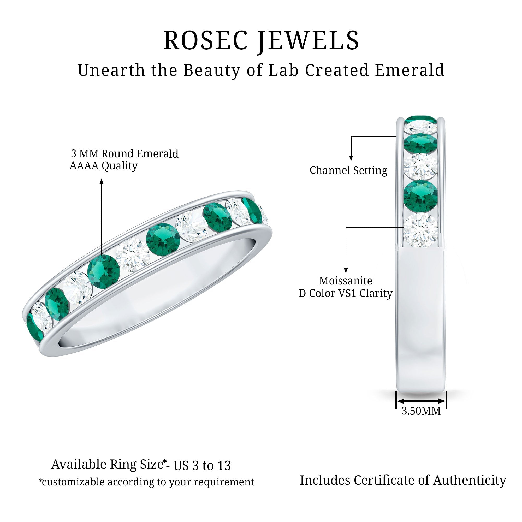 Lab Grown Emerald Ring – Half Eternity Band With Channel Setting & Diamond Gift