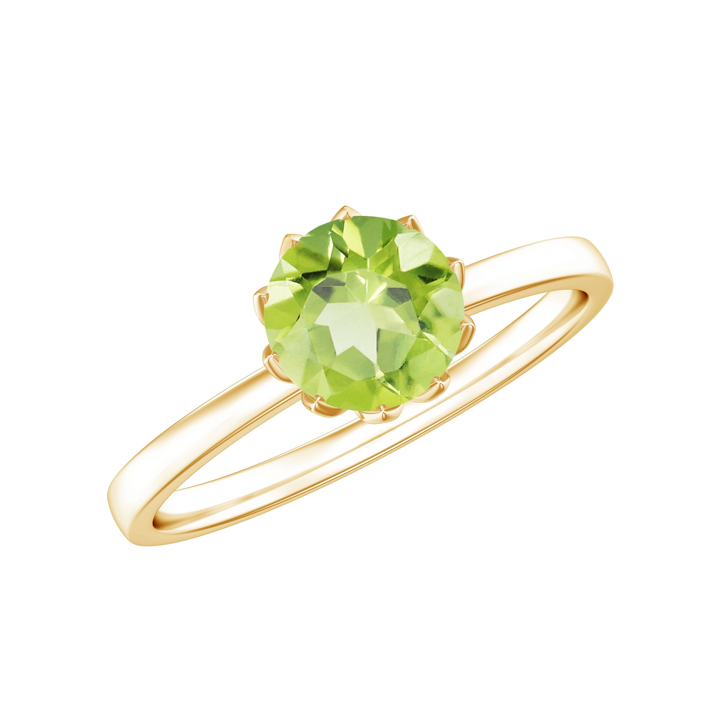 Peridot Engagement Ring - 2 Carat Round Cut Gemstone in Lotus Basket Setting