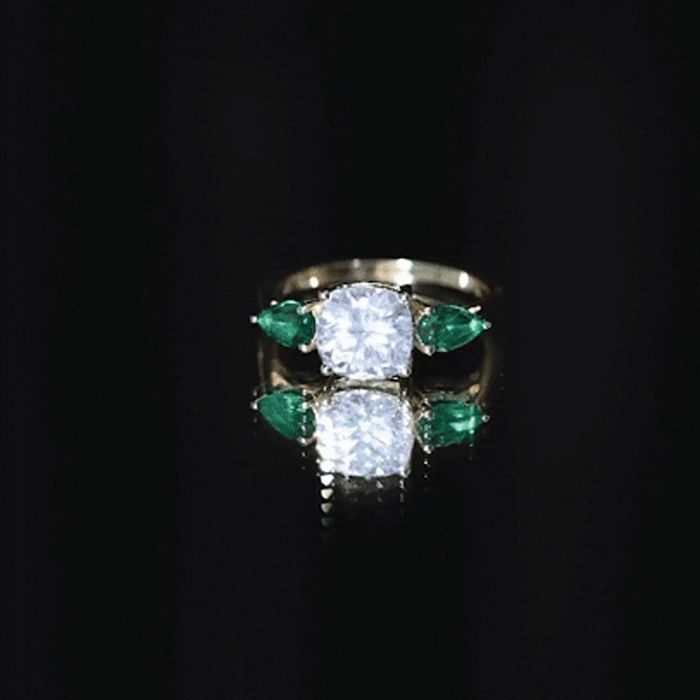 Three Stone Engagement Ring – 3 Ct Cushion Cut Moissanite with Pear Cut Emerald