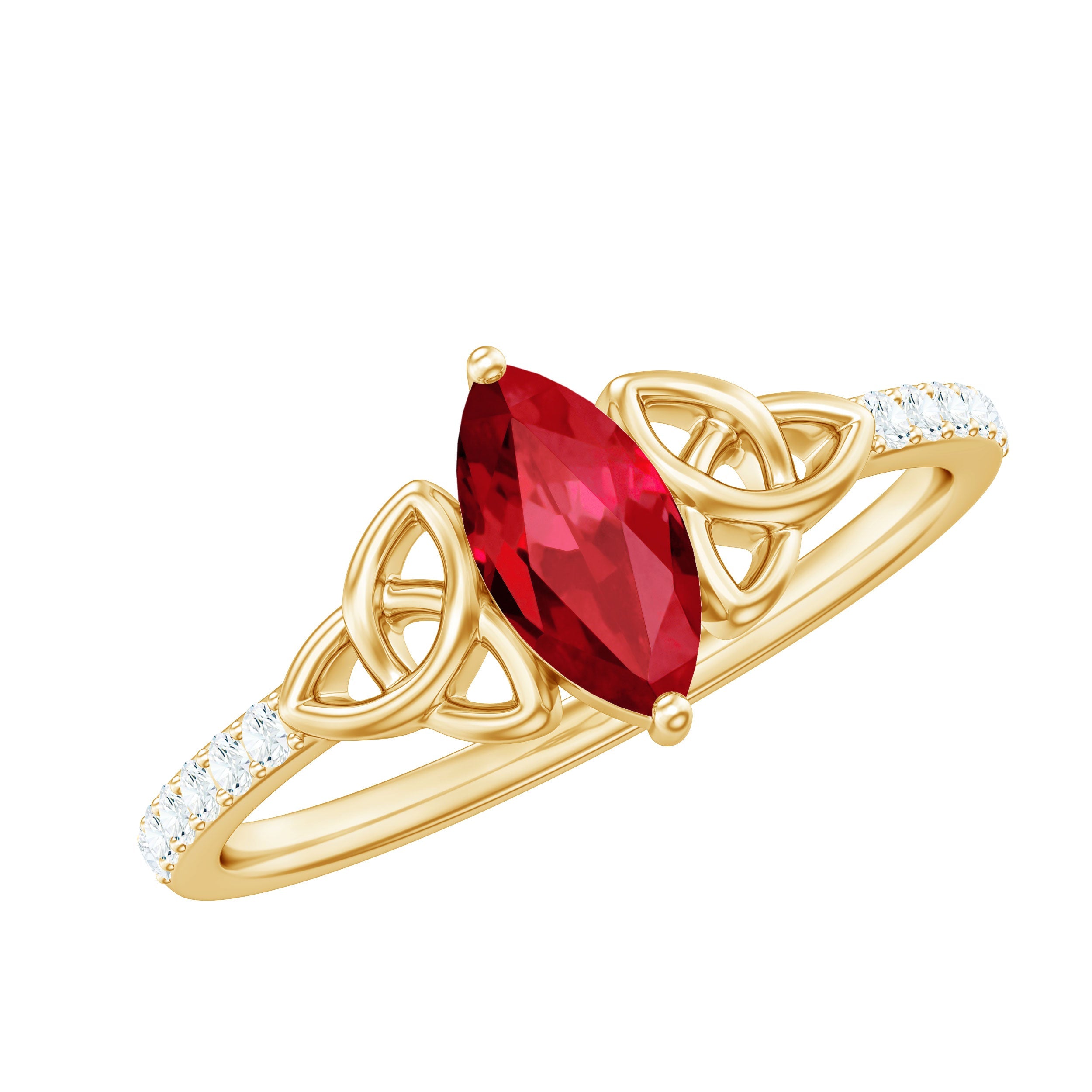 Lab Grown Ruby Ring – Marquise Ruby Promise With Diamond Side Stones & Celtic Knot Design
