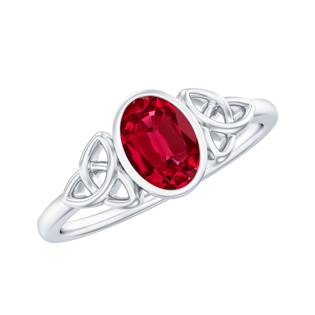 Lab Grown Ruby Ring – 1.5 Carat Oval Solitaire Bezel Setting Celtic Engagement Band