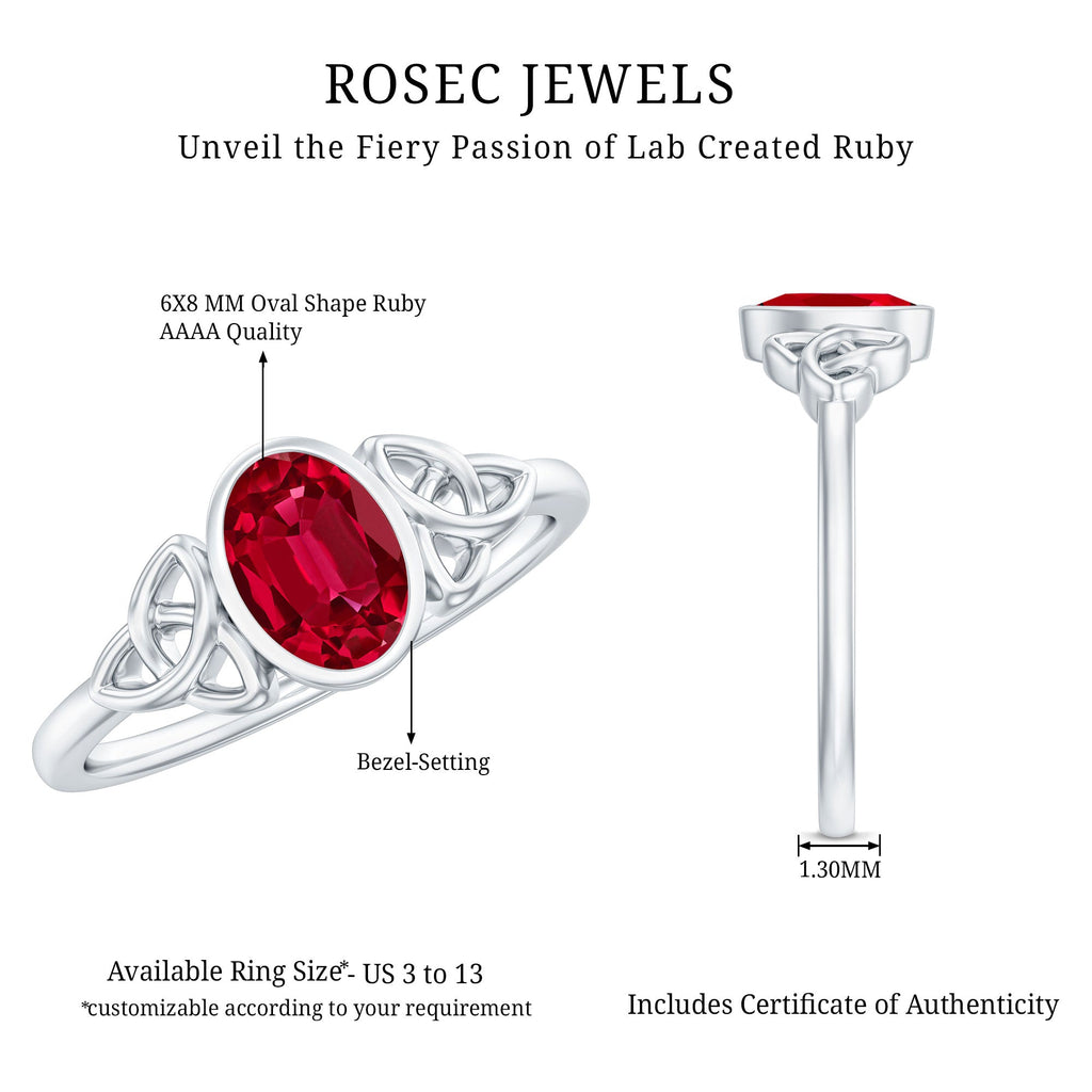 Lab Grown Ruby Ring – 1.5 Carat Oval Solitaire Bezel Setting Celtic Engagement Band