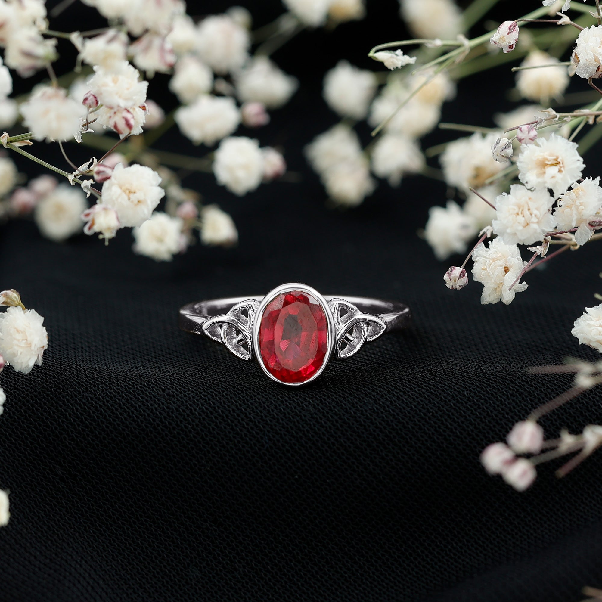 Lab Grown Ruby Ring – 1.5 Carat Oval Solitaire Bezel Setting Celtic Engagement Band