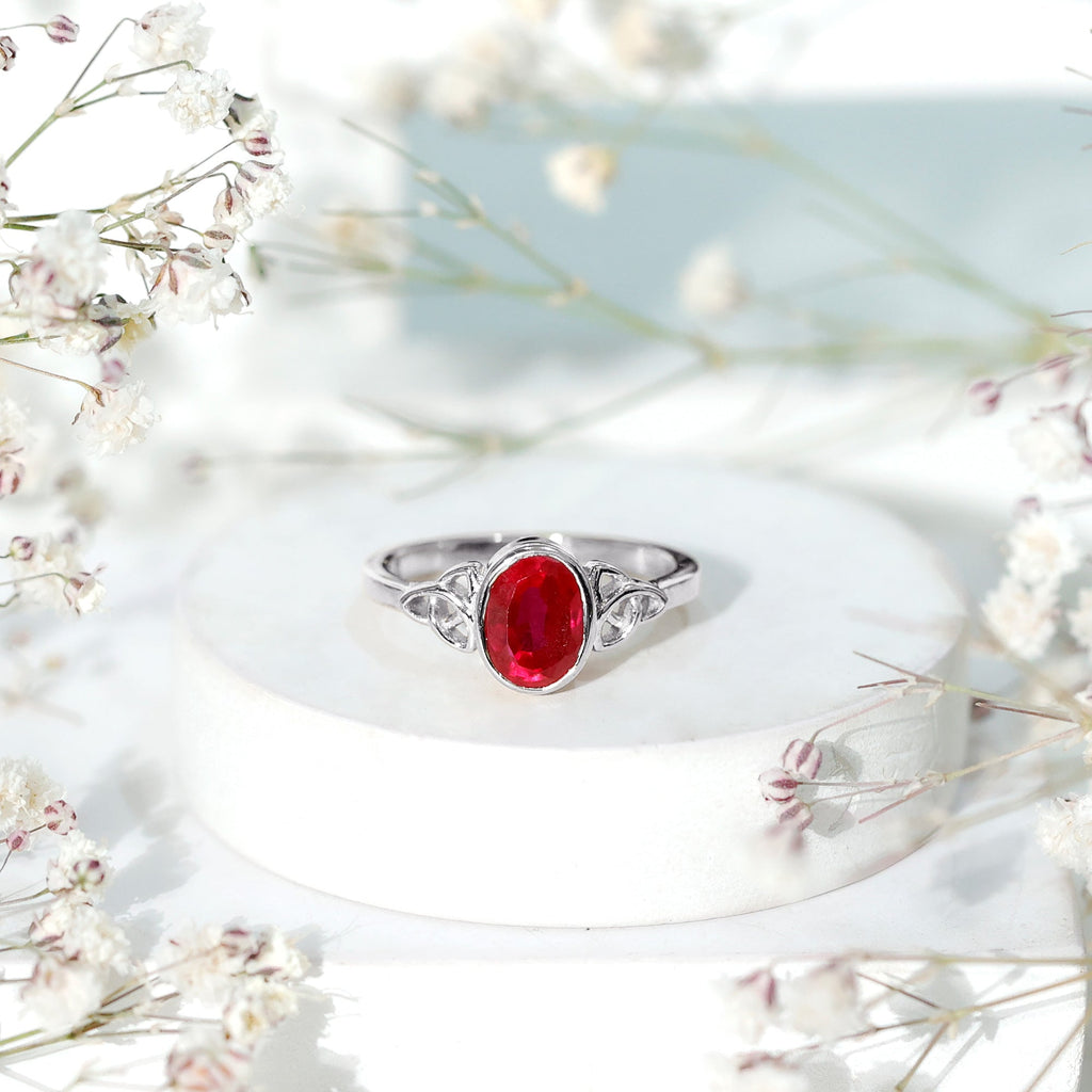 Lab Grown Ruby Ring – 1.5 Carat Oval Solitaire Bezel Setting Celtic Engagement Band
